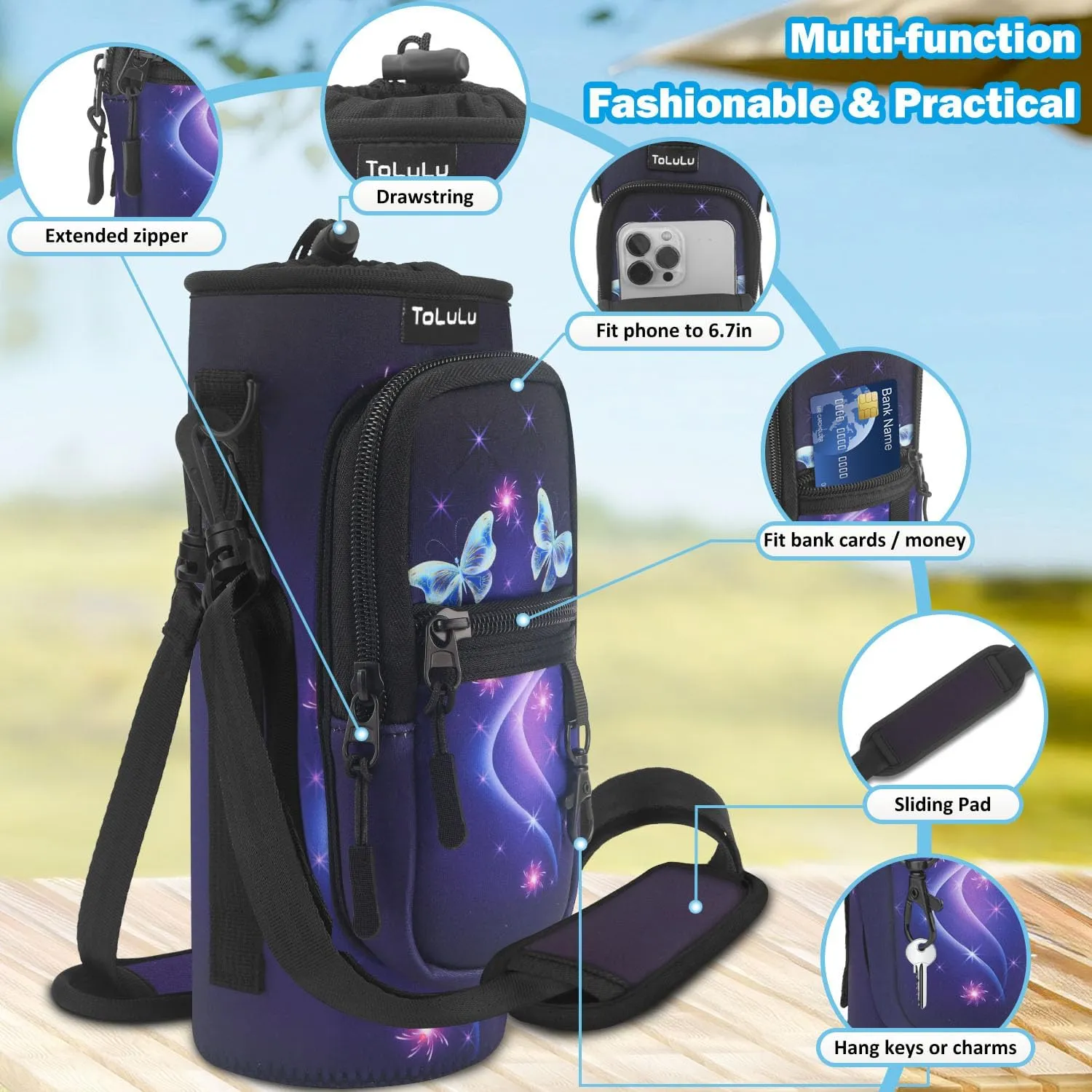 ToLuLu 25/32/40oz Water Bottle Carrier Bag Pocket,Insulated Neoprene Adjustable Shoulder Strap Water Bottle Pouch Case, Crossbody Water Bottle Holder Sling Sleeve for Men Women Adults