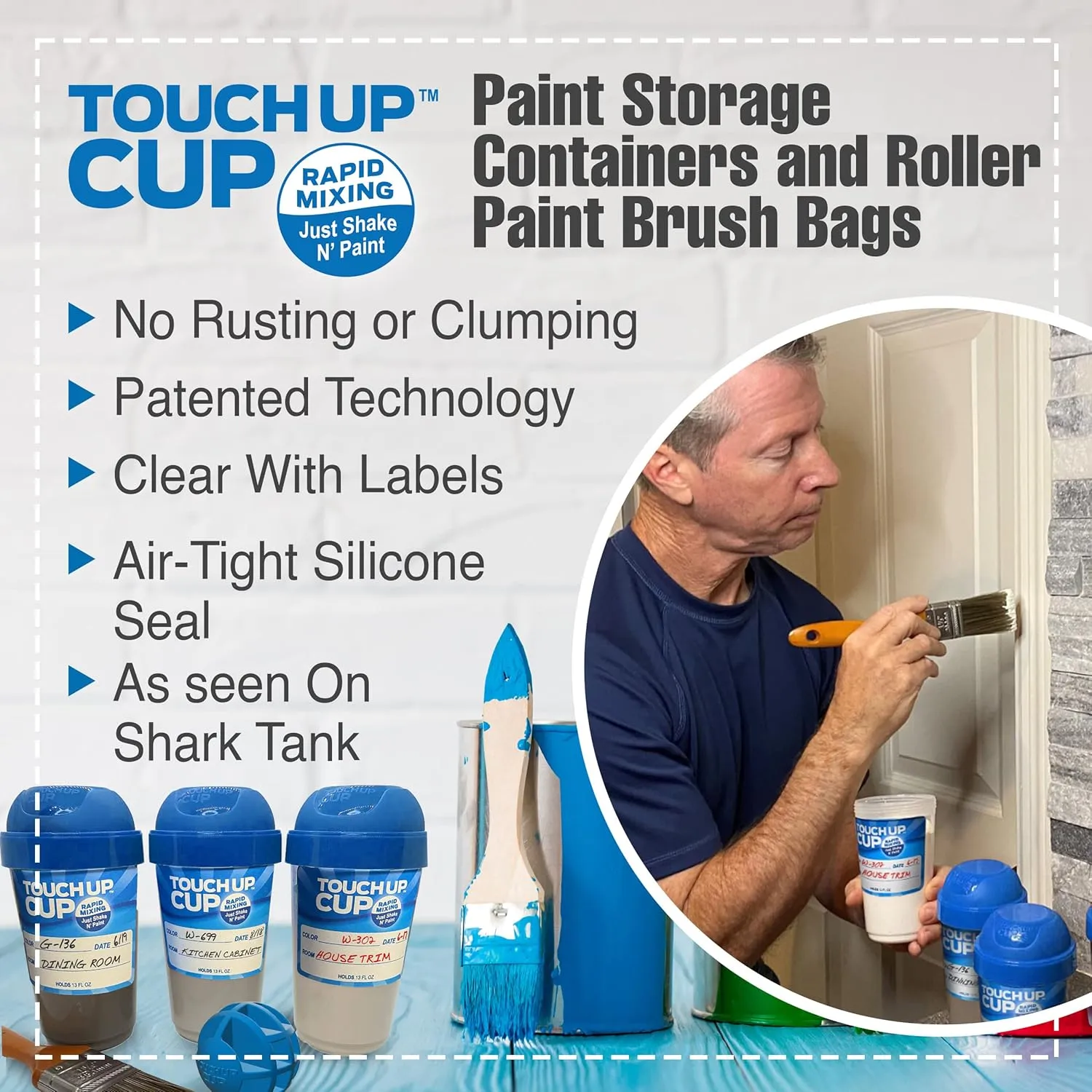 Touch Up Cup Paint Storage Containers and Roller Paint Brush Bag, ​​3 Plastic Painting Cups with Lids, 6 Bags, As Seen On Shark Tank Products