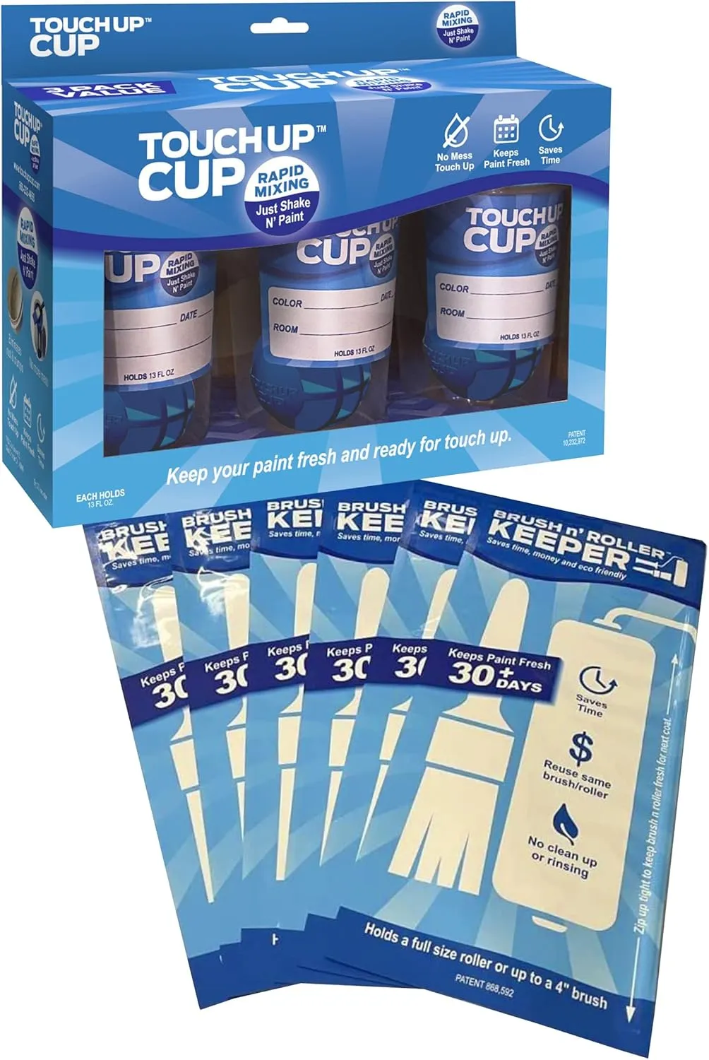 Touch Up Cup Paint Storage Containers and Roller Paint Brush Bag, ​​3 Plastic Painting Cups with Lids, 6 Bags, As Seen On Shark Tank Products
