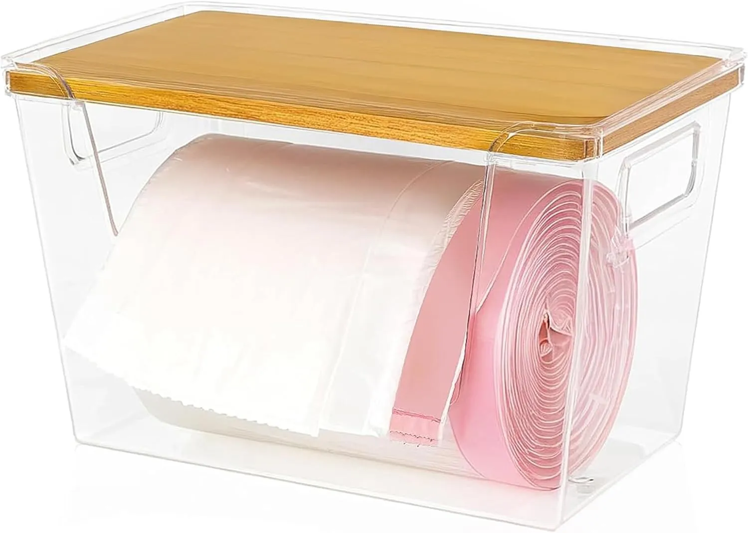 Trash Bag Dispenser with 50 Trash Bags - Garbage Bag Dispenser with Bamboo Lid- Extra Large Plastic Bag Dispenser for Kitchen, Laundry Room, Pantry, Under Sink Organizer and Storage
