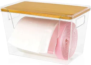 Trash Bag Dispenser with 50 Trash Bags - Garbage Bag Dispenser with Bamboo Lid- Extra Large Plastic Bag Dispenser for Kitchen, Laundry Room, Pantry, Under Sink Organizer and Storage