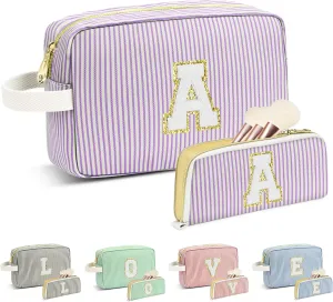 Travel Makeup Bag Gift for Women Girl Teens Preppy Stuff Cosmetic Bag Set, Cute Make Up Bag With Handle Personalized Initial Makeup Pouch Skin Care with Makeup Brush Bag Letter A(Purple&White Stripes)