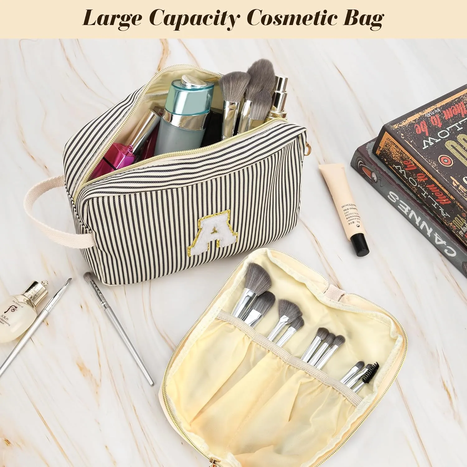 Travel Makeup Bag Gift for Women Girl Teens Preppy Stuff Cosmetic Bag Set, Cute Make Up Bag With Handle Personalized Initial Makeup Pouch Skin Care with Makeup Brush Bag Letter A(Purple&White Stripes)