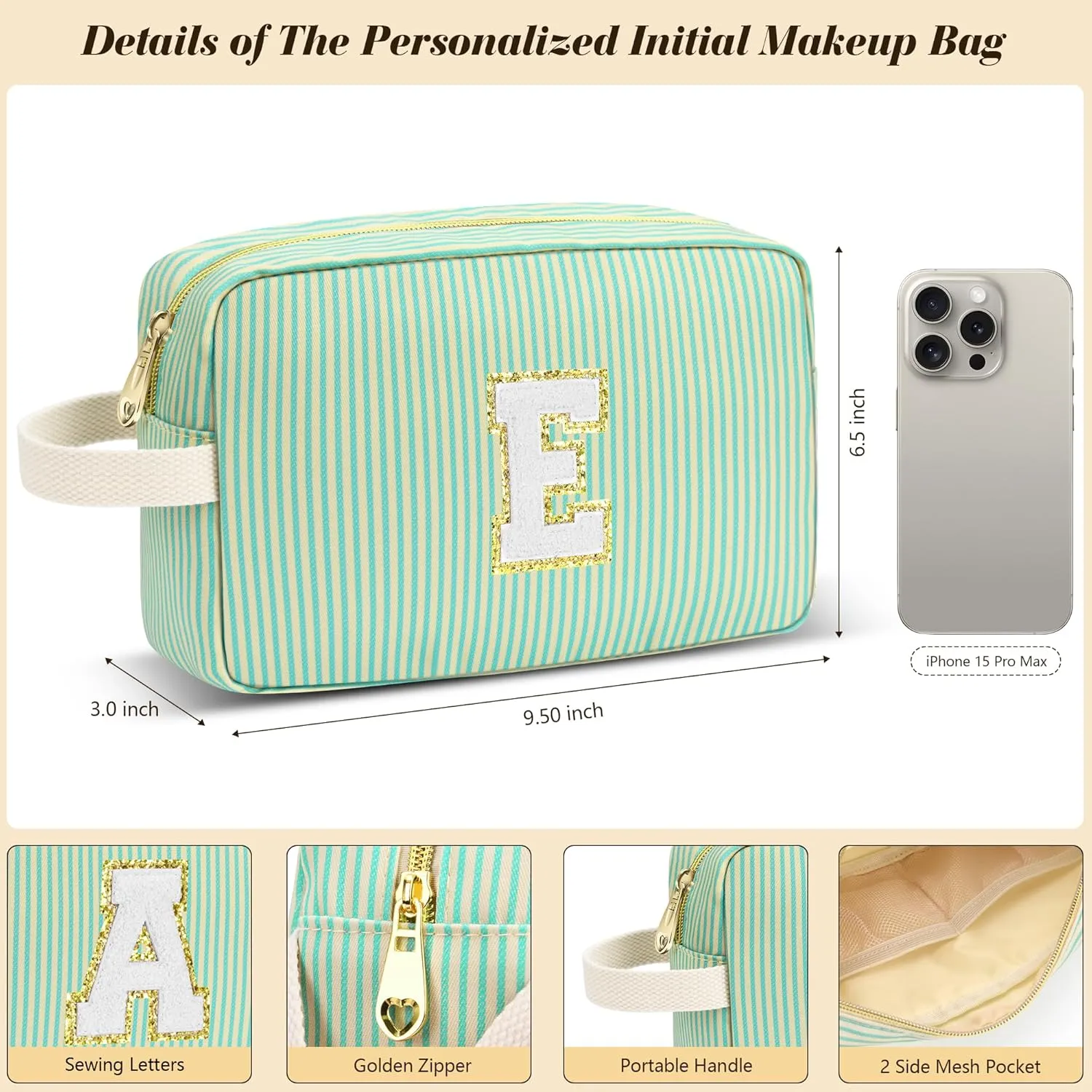 Travel Makeup Bag Gift for Women Girl Teens Preppy Stuff Cosmetic Bag Set, Cute Make Up Bag With Handle Personalized Initial Makeup Pouch Skin Care with Makeup Brush Bag Letter A(Purple&White Stripes)