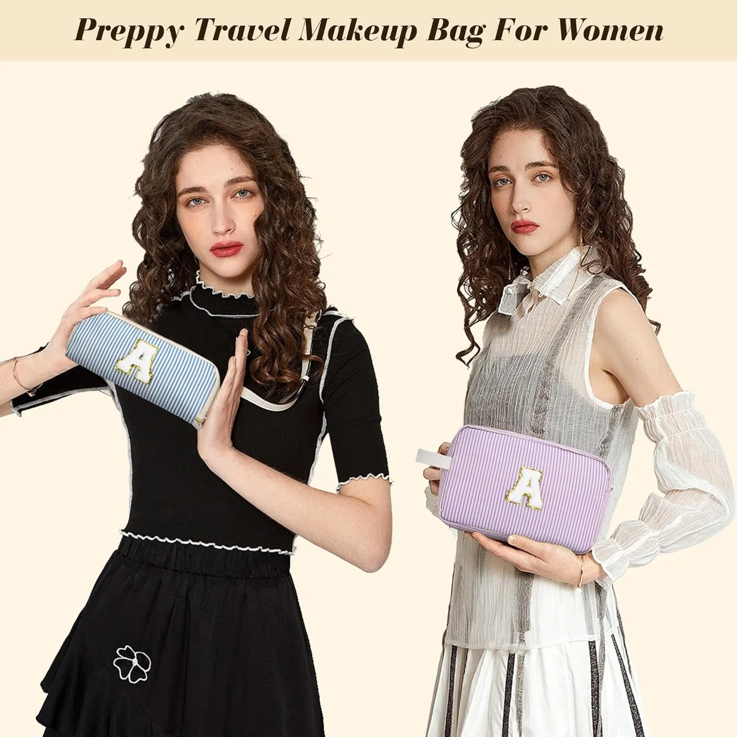 Travel Makeup Bag Gift for Women Girl Teens Preppy Stuff Cosmetic Bag Set, Cute Make Up Bag With Handle Personalized Initial Makeup Pouch Skin Care with Makeup Brush Bag Letter A(Purple&White Stripes)