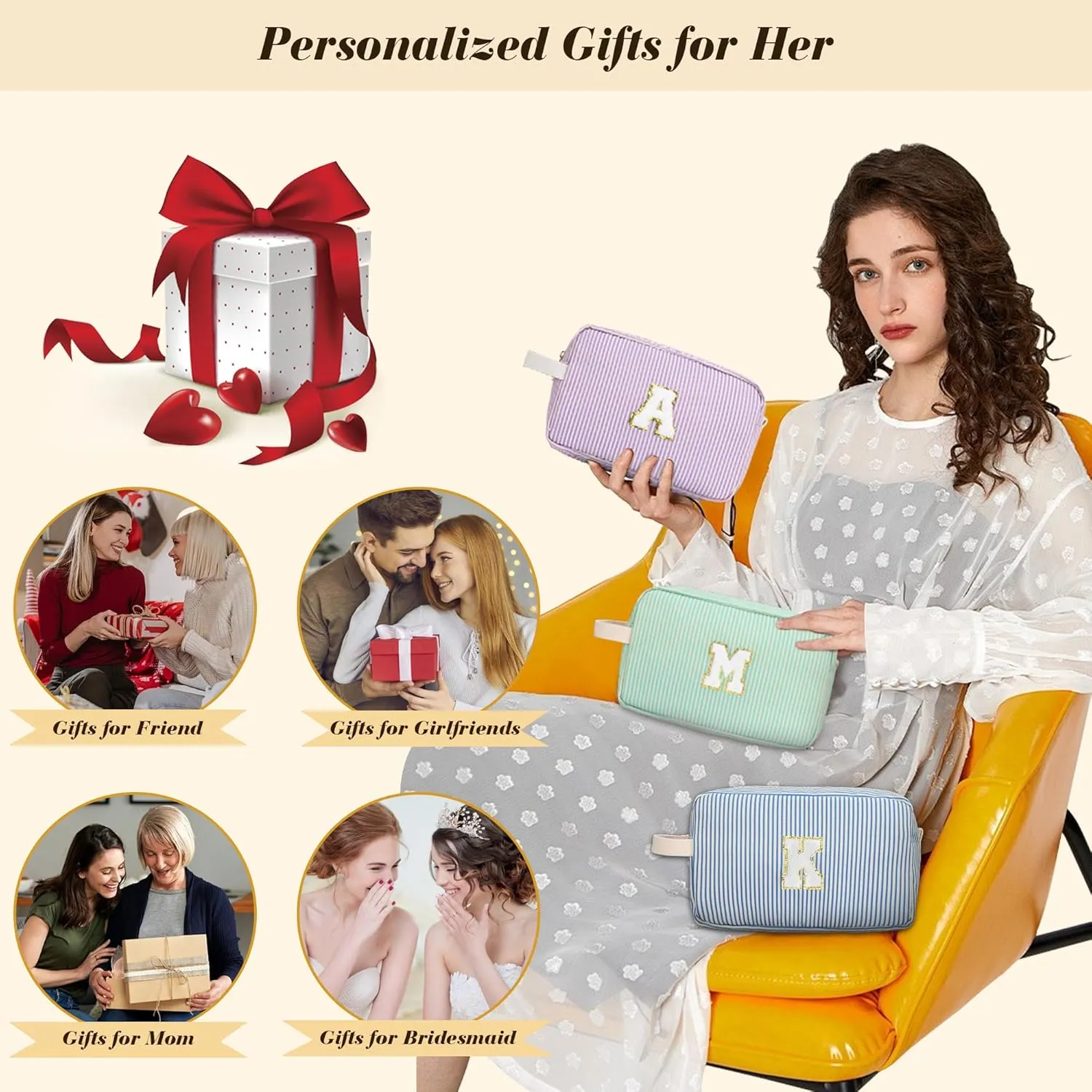 Travel Makeup Bag Gift for Women Girl Teens Preppy Stuff Cosmetic Bag Set, Cute Make Up Bag With Handle Personalized Initial Makeup Pouch Skin Care with Makeup Brush Bag Letter A(Purple&White Stripes)