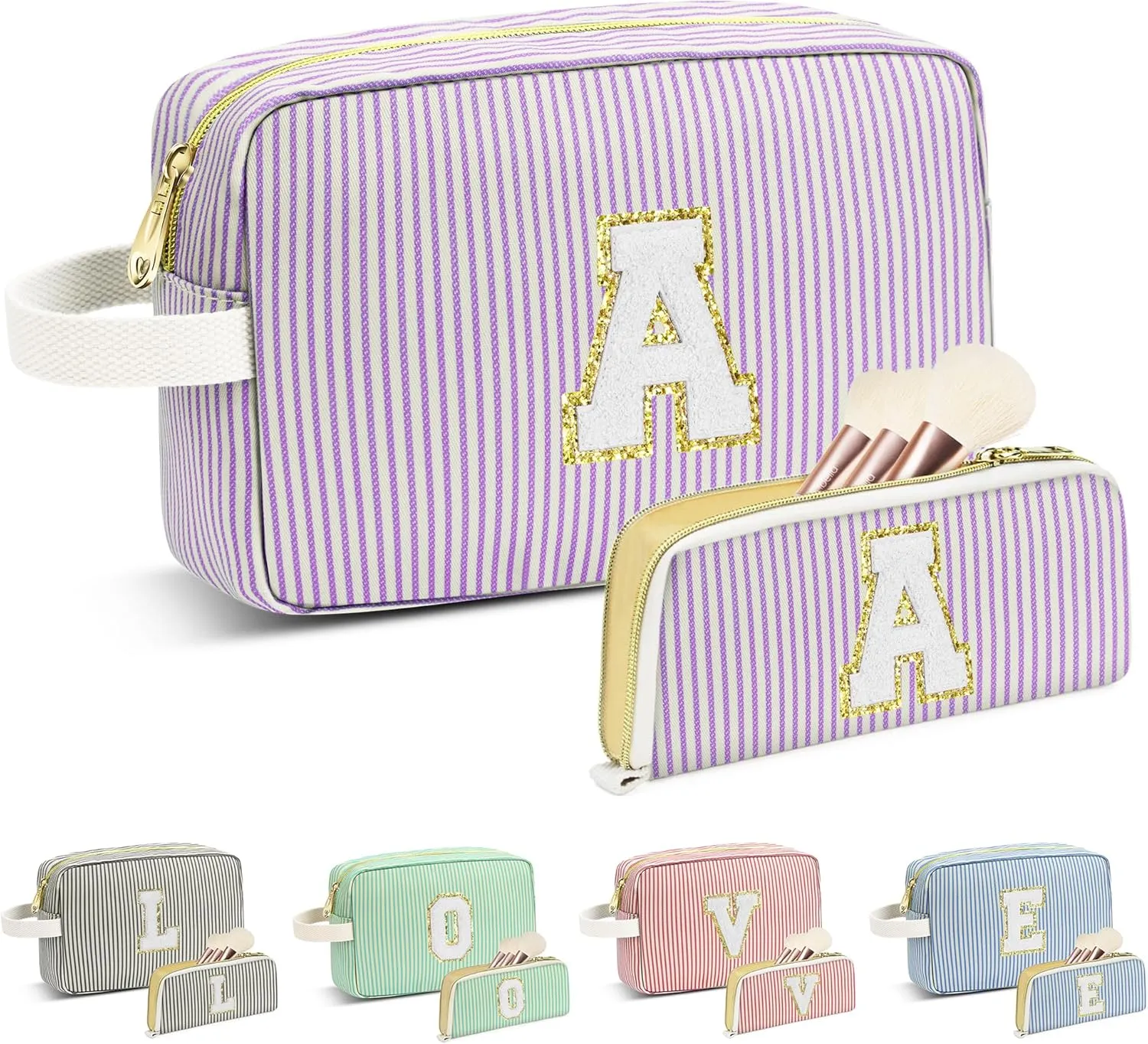 Travel Makeup Bag Gift for Women Girl Teens Preppy Stuff Cosmetic Bag Set, Cute Make Up Bag With Handle Personalized Initial Makeup Pouch Skin Care with Makeup Brush Bag Letter A(Purple&White Stripes)