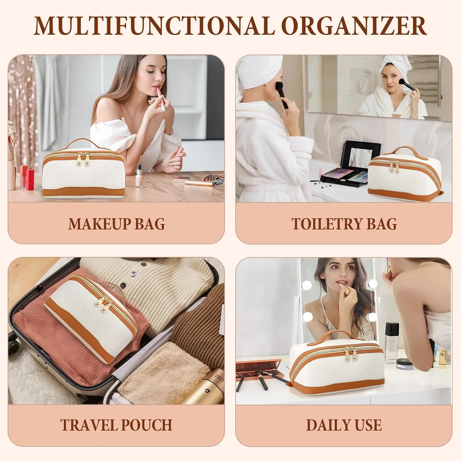 Travel Makeup Bag Large Capacity Cosmetic Bag for Women PU Leather Checkered Open Flat Toiletry Bag Make Up Organizer Bags with Handle and Divider (Beige with Brown)