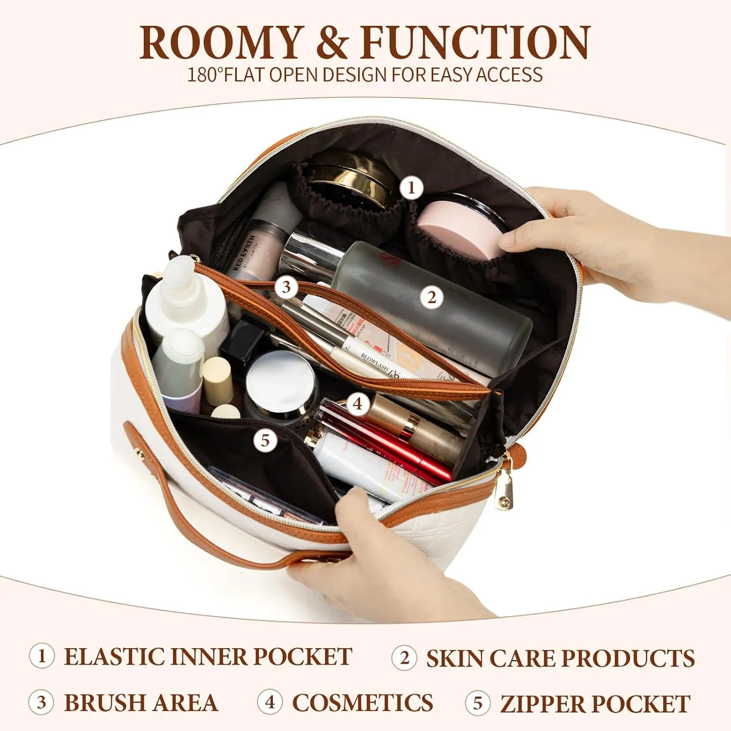 Travel Makeup Bag Large Capacity Cosmetic Bag for Women PU Leather Checkered Open Flat Toiletry Bag Make Up Organizer Bags with Handle and Divider (Beige with Brown)