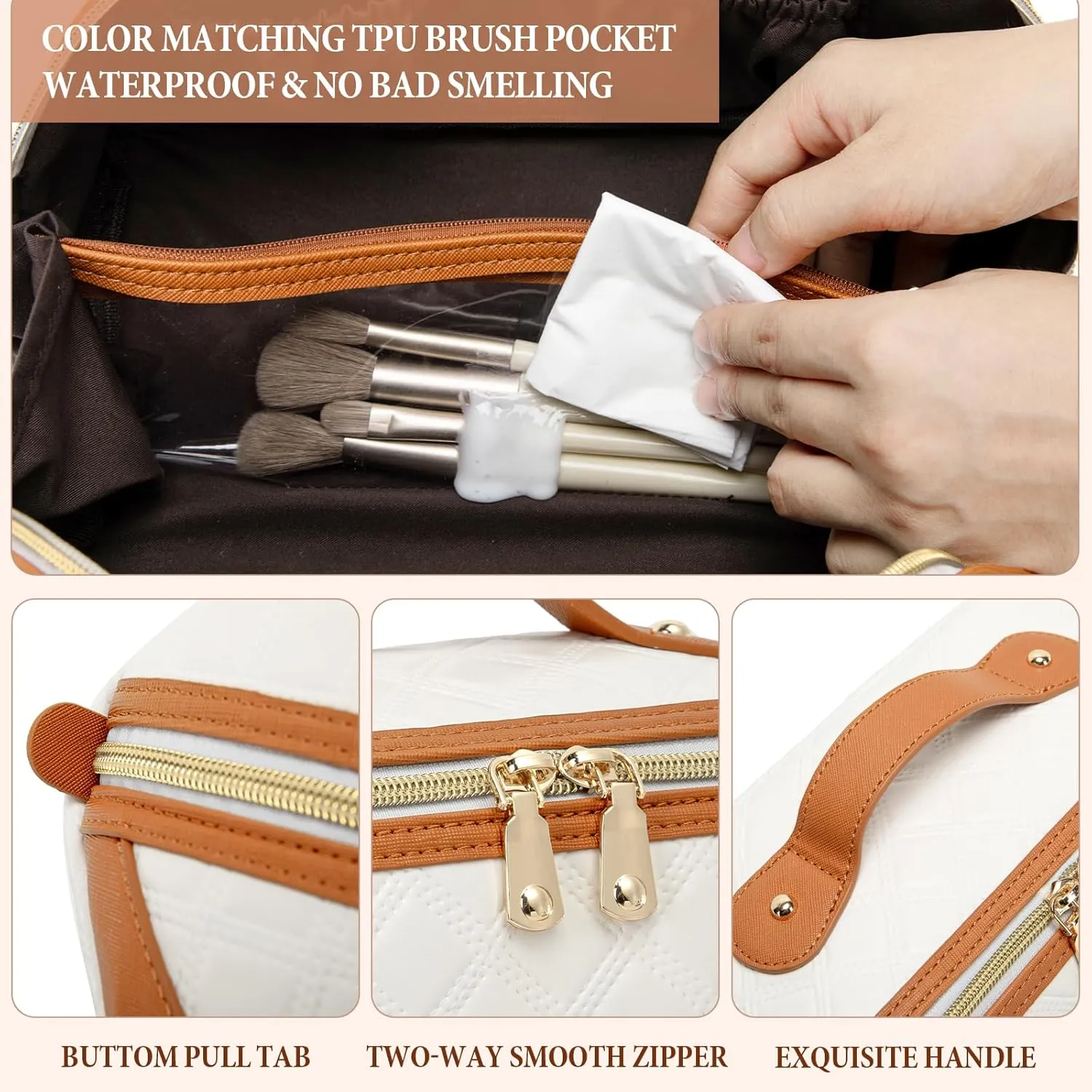 Travel Makeup Bag Large Capacity Cosmetic Bag for Women PU Leather Checkered Open Flat Toiletry Bag Make Up Organizer Bags with Handle and Divider (Beige with Brown)