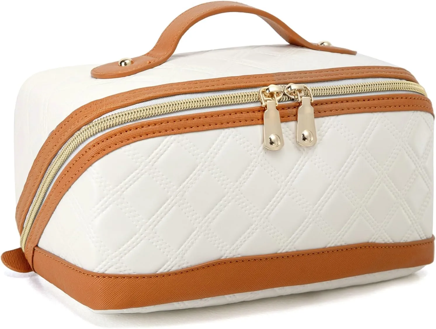 Travel Makeup Bag Large Capacity Cosmetic Bag for Women PU Leather Checkered Open Flat Toiletry Bag Make Up Organizer Bags with Handle and Divider (Beige with Brown)