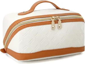 Travel Makeup Bag Large Capacity Cosmetic Bag for Women PU Leather Checkered Open Flat Toiletry Bag Make Up Organizer Bags with Handle and Divider (Beige with Brown)