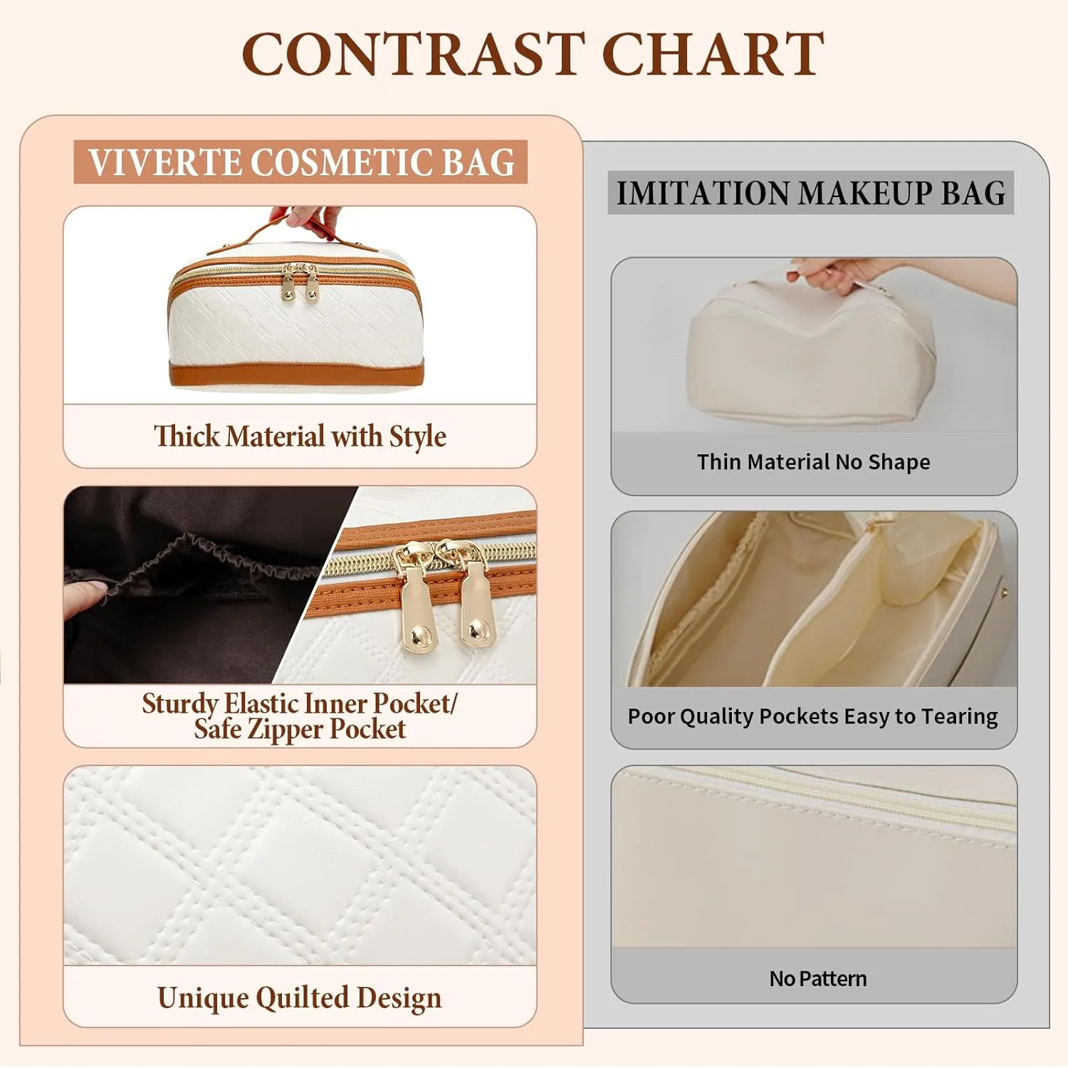 Travel Makeup Bag Large Capacity Cosmetic Bag for Women PU Leather Checkered Open Flat Toiletry Bag Make Up Organizer Bags with Handle and Divider (Beige with Brown)