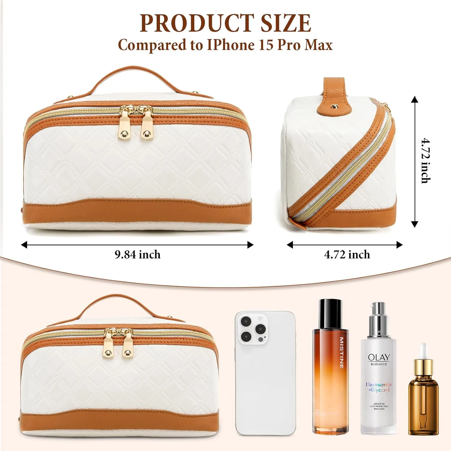 Travel Makeup Bag Large Capacity Cosmetic Bag for Women PU Leather Checkered Open Flat Toiletry Bag Make Up Organizer Bags with Handle and Divider (Beige with Brown)