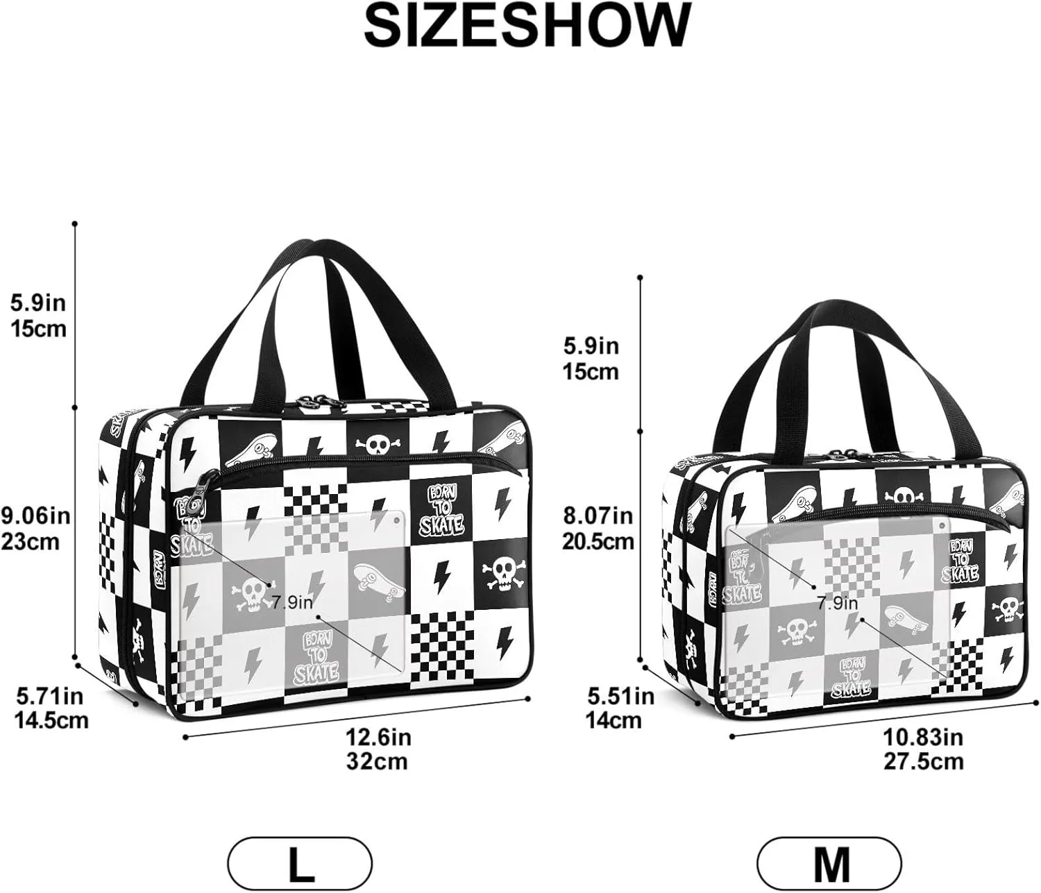 Travel Toiletry Bag for Woman/Men,Black and White Checkered Skateboard Quoted Skull Lightning Hanging Organizer BagPortable Folding Travel Case Bags for Makeup Cosmetic Toiletries Storag-M