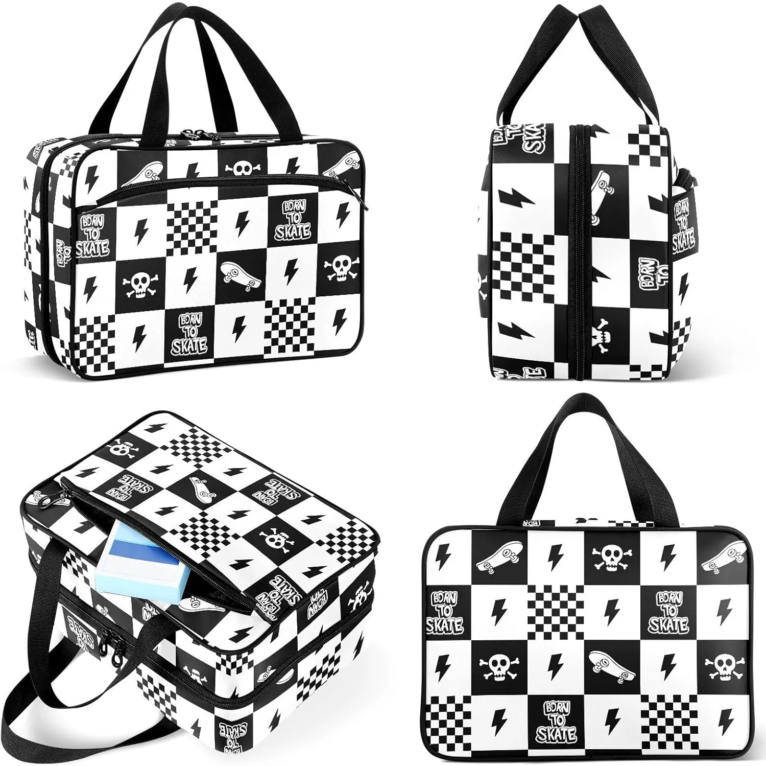 Travel Toiletry Bag for Woman/Men,Black and White Checkered Skateboard Quoted Skull Lightning Hanging Organizer BagPortable Folding Travel Case Bags for Makeup Cosmetic Toiletries Storag-M