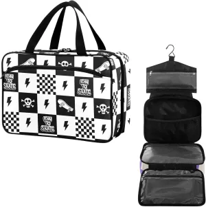 Travel Toiletry Bag for Woman/Men,Black and White Checkered Skateboard Quoted Skull Lightning Hanging Organizer BagPortable Folding Travel Case Bags for Makeup Cosmetic Toiletries Storag-M