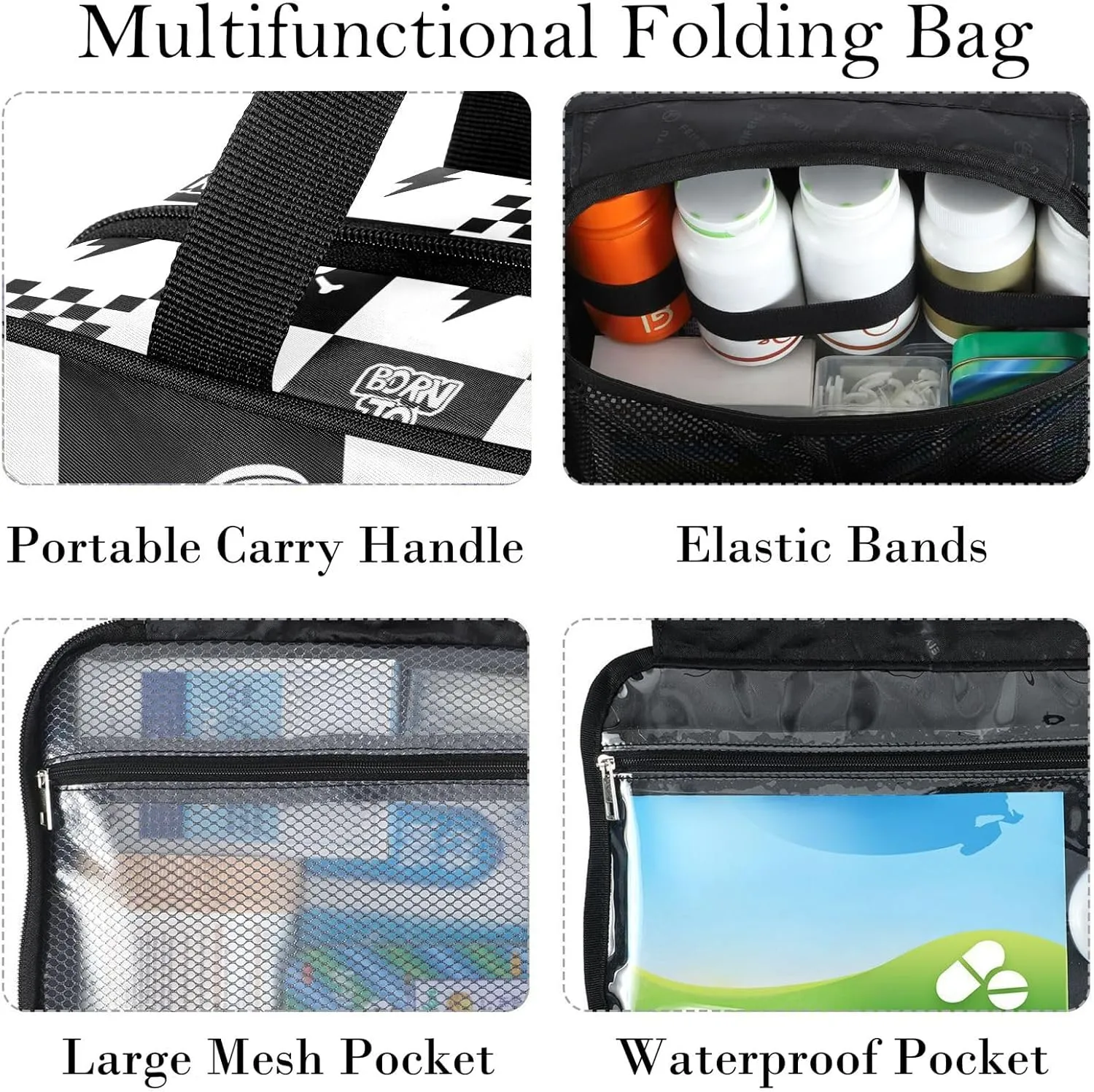 Travel Toiletry Bag for Woman/Men,Black and White Checkered Skateboard Quoted Skull Lightning Hanging Organizer BagPortable Folding Travel Case Bags for Makeup Cosmetic Toiletries Storag-M