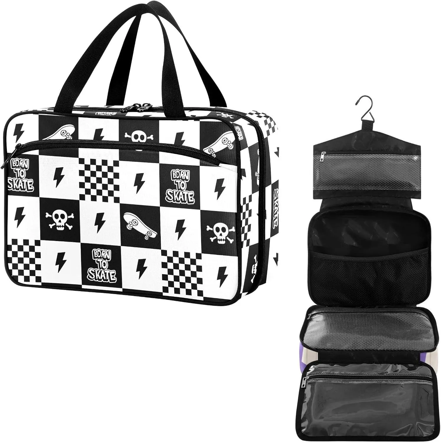 Travel Toiletry Bag for Woman/Men,Black and White Checkered Skateboard Quoted Skull Lightning Hanging Organizer BagPortable Folding Travel Case Bags for Makeup Cosmetic Toiletries Storag-M