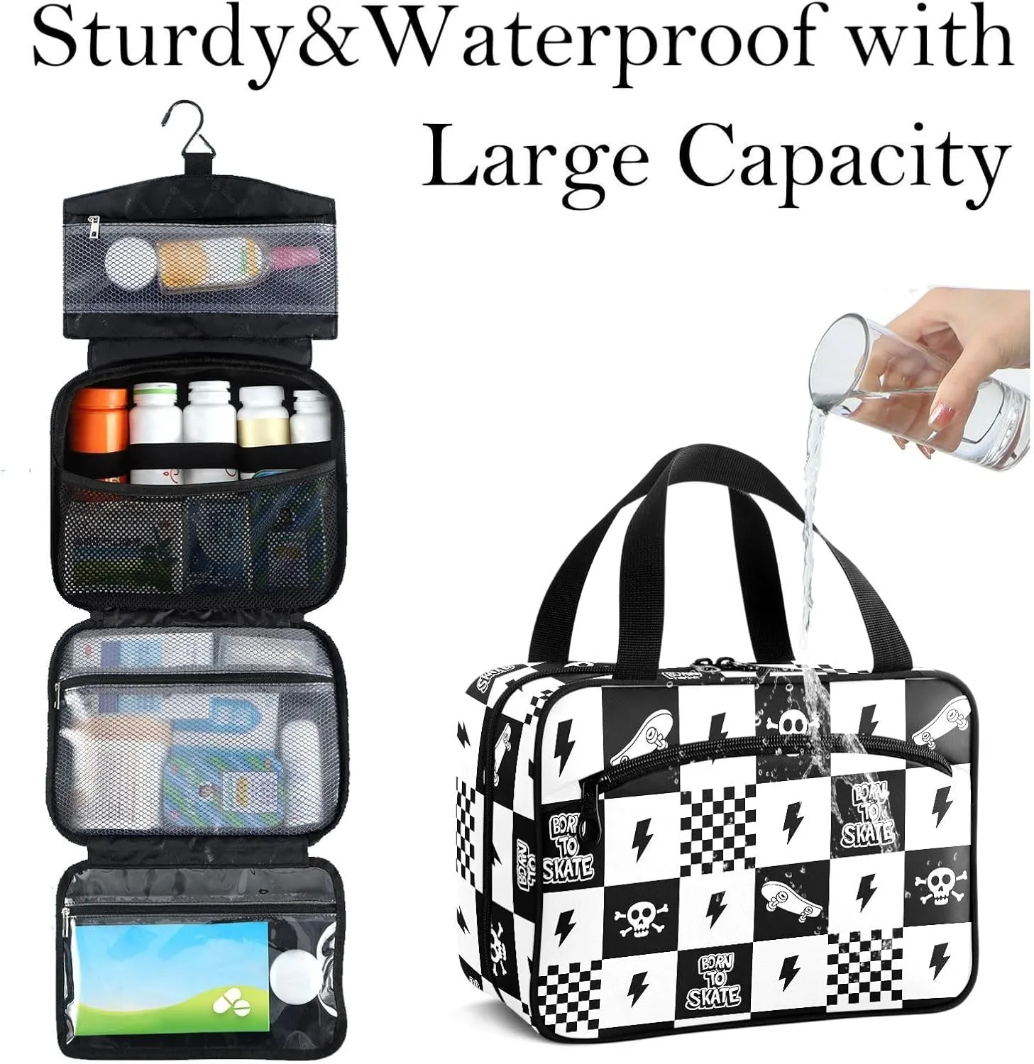 Travel Toiletry Bag for Woman/Men,Black and White Checkered Skateboard Quoted Skull Lightning Hanging Organizer BagPortable Folding Travel Case Bags for Makeup Cosmetic Toiletries Storag-M