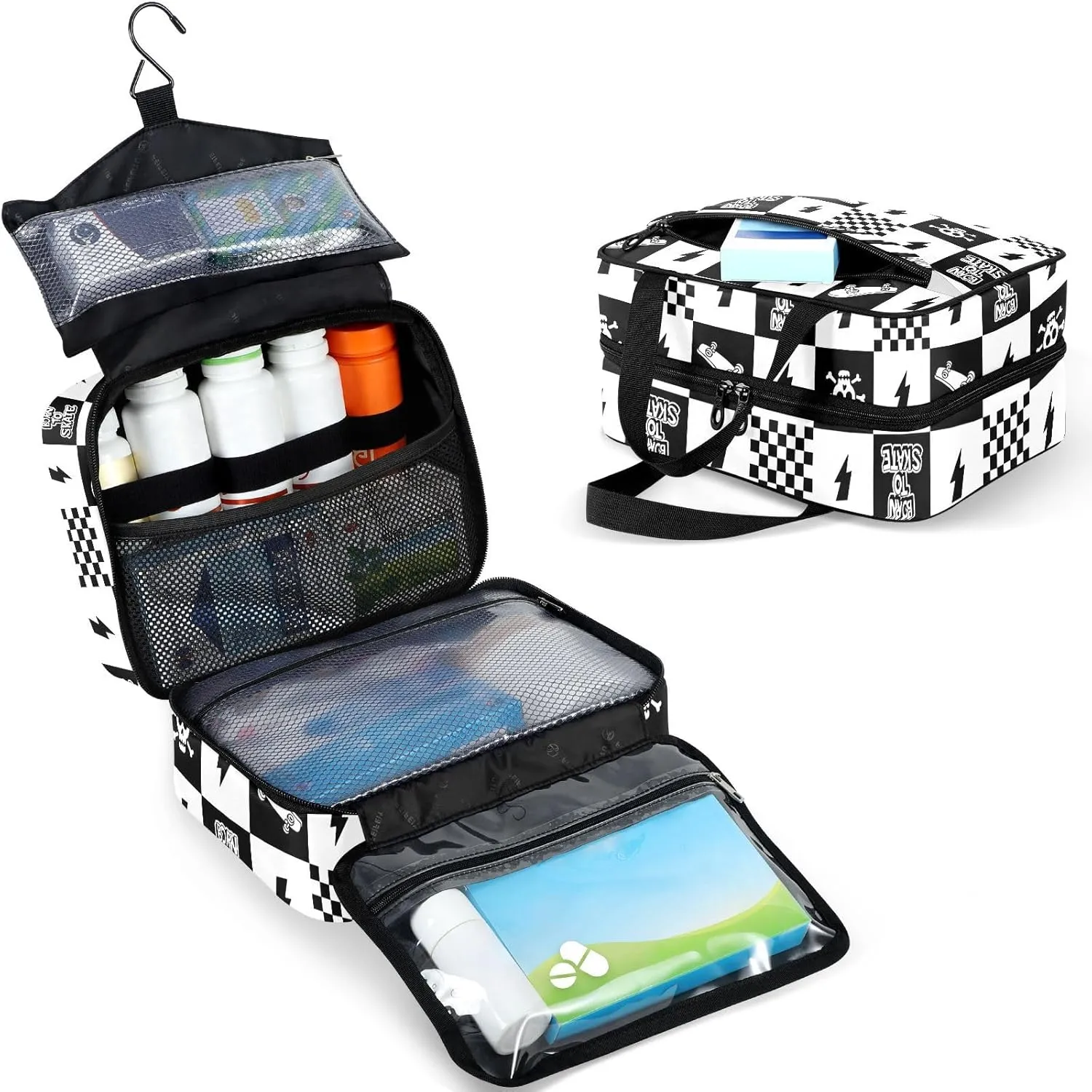 Travel Toiletry Bag for Woman/Men,Black and White Checkered Skateboard Quoted Skull Lightning Hanging Organizer BagPortable Folding Travel Case Bags for Makeup Cosmetic Toiletries Storag-M