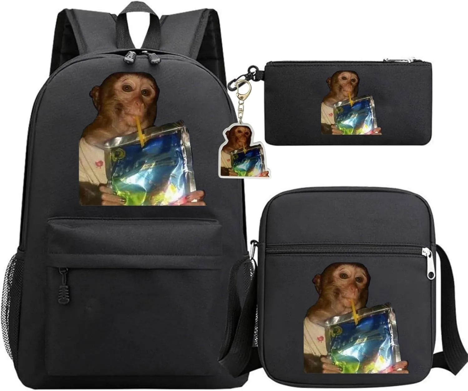 Trendy Monkey Backpack Set 3 PCS, Knapsack & Pencil Pouch & Crossbody Bag Combination Kit, Laptop Bag With Free Keychain (Pure Black)