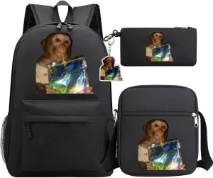 Trendy Monkey Backpack Set 3 PCS, Knapsack & Pencil Pouch & Crossbody Bag Combination Kit, Laptop Bag With Free Keychain (Pure Black)
