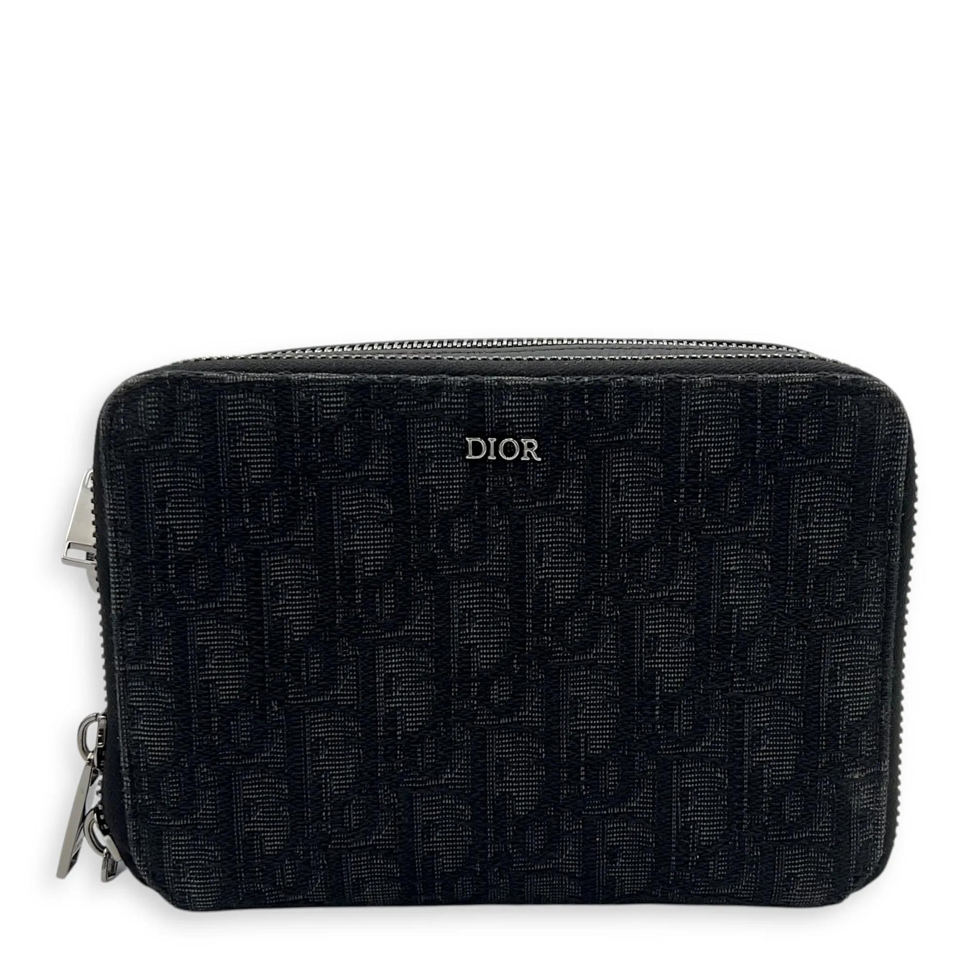 Triple Pouch Crossbody Bag Black in Jacquard, Silver hardware