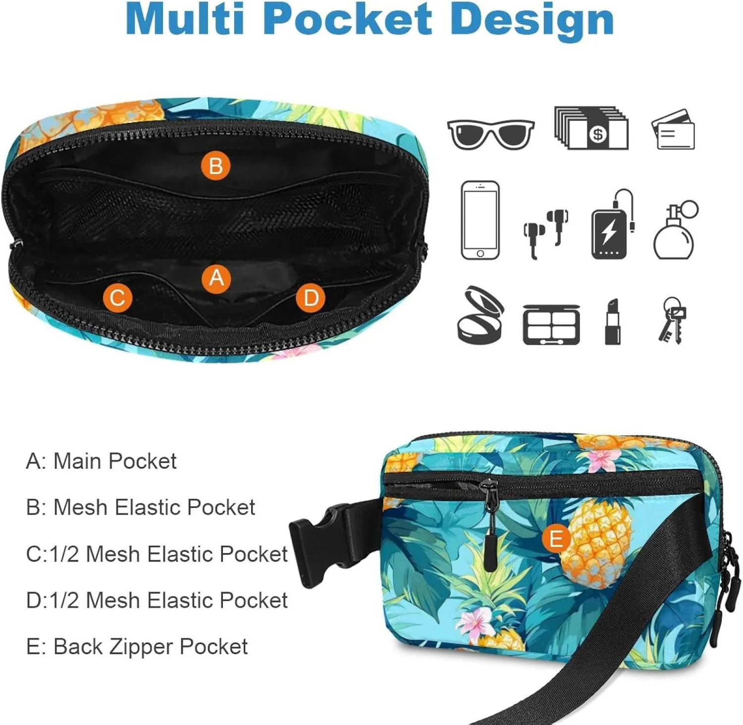 Tropical Pineapple Fruit Crossbody Fanny Pack for Men&Women,Belt Bag for Travel Casual Walking Running Hiking Cycling, 1.5x9.0x5.9in/4x23x15cm