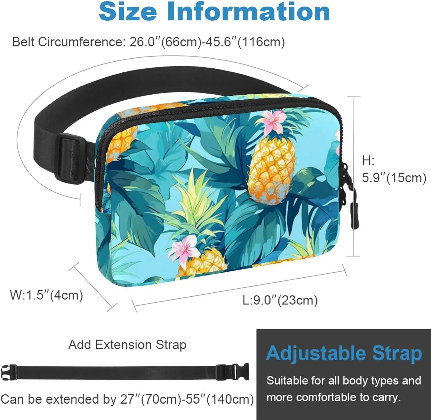 Tropical Pineapple Fruit Crossbody Fanny Pack for Men&Women,Belt Bag for Travel Casual Walking Running Hiking Cycling, 1.5x9.0x5.9in/4x23x15cm