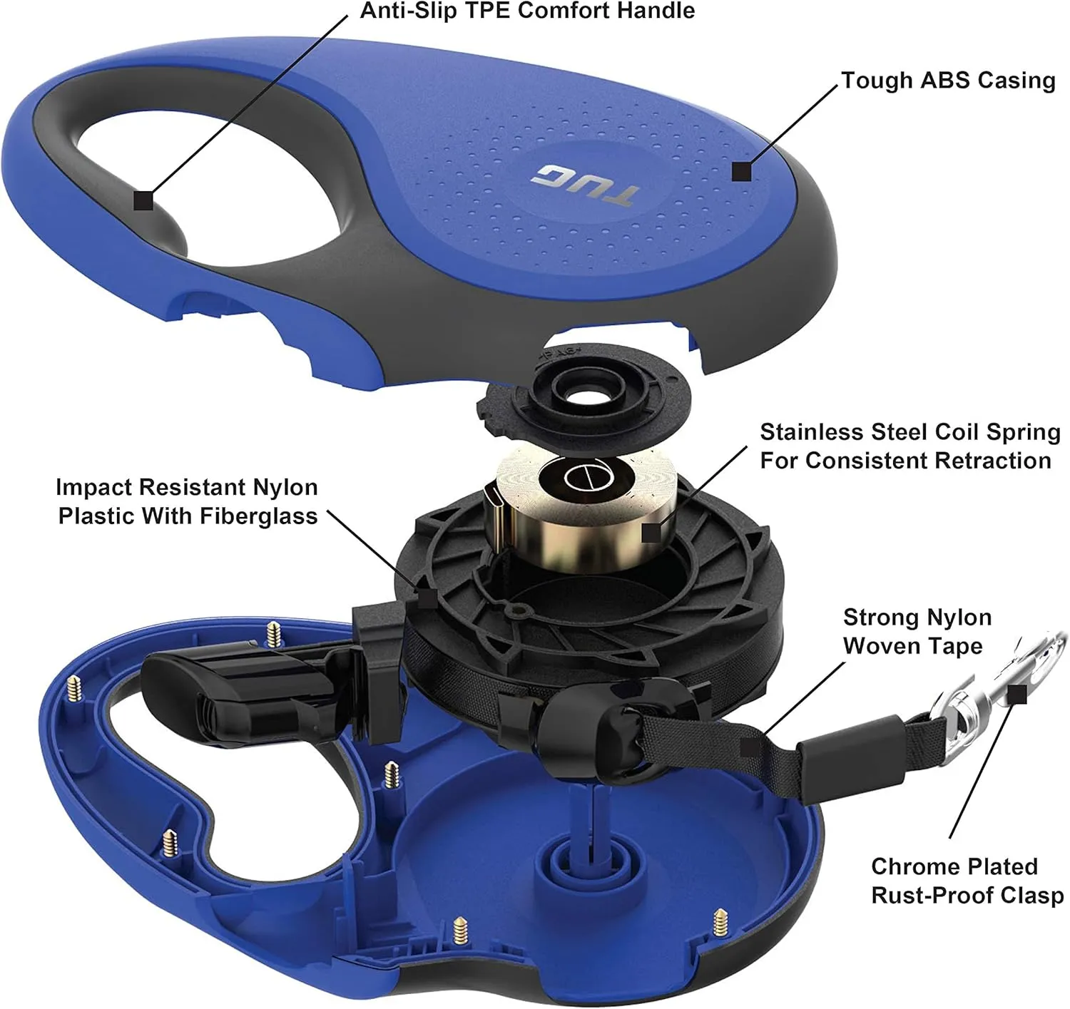 TUG 360° Tangle-Free Retractable Dog Leash with Waste Bag Dispenser (Large, Blue)