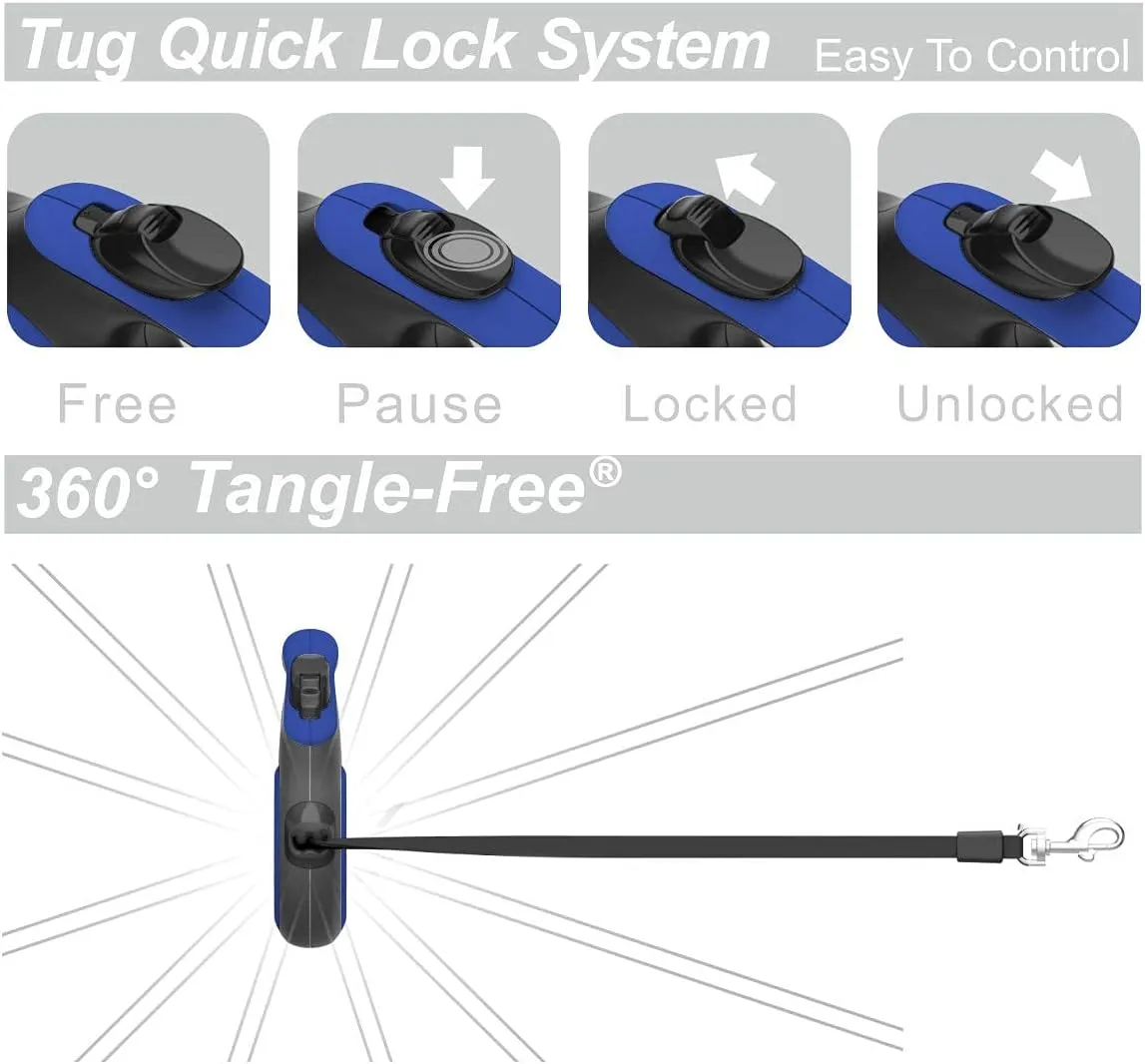 TUG 360° Tangle-Free Retractable Dog Leash with Waste Bag Dispenser (Large, Blue)