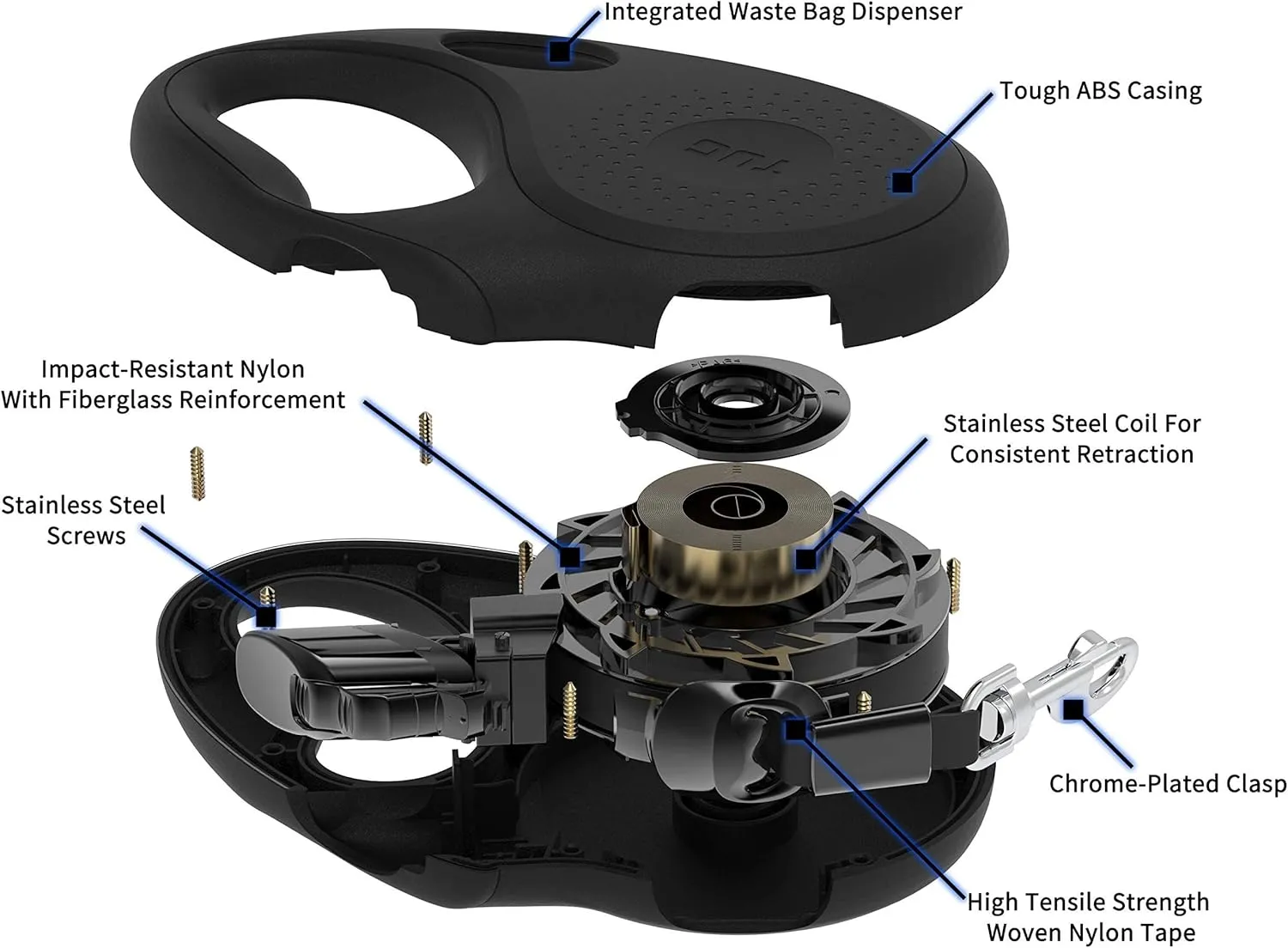 TUG Oval 360° Tangle-Free Retractable Dog Leash with Integrated Waste Bag Dispenser (Medium, Black)