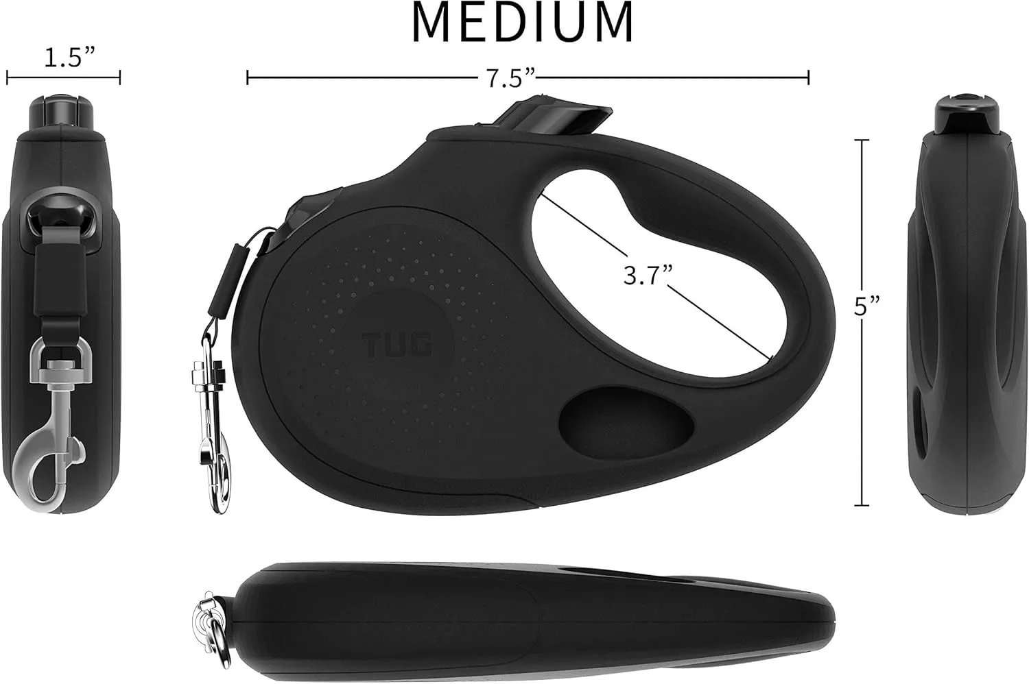 TUG Oval 360° Tangle-Free Retractable Dog Leash with Integrated Waste Bag Dispenser (Medium, Black)