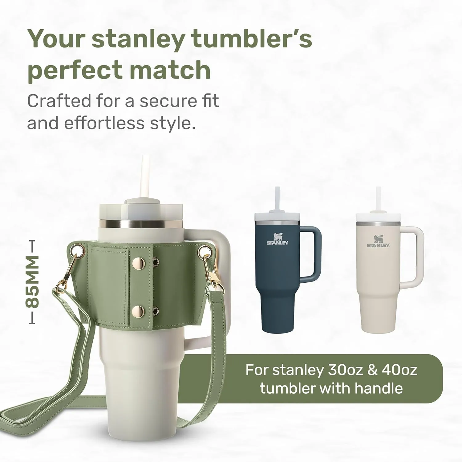 Tumbler Tote™ Water Bottle Holder - Leather Carrier Strap, Compatible with Stanley 40 oz & 30 oz Tumbler with Handle, Stanley Cup Accessories, Adjustable Strap, Credit Card Holder, Olive Green