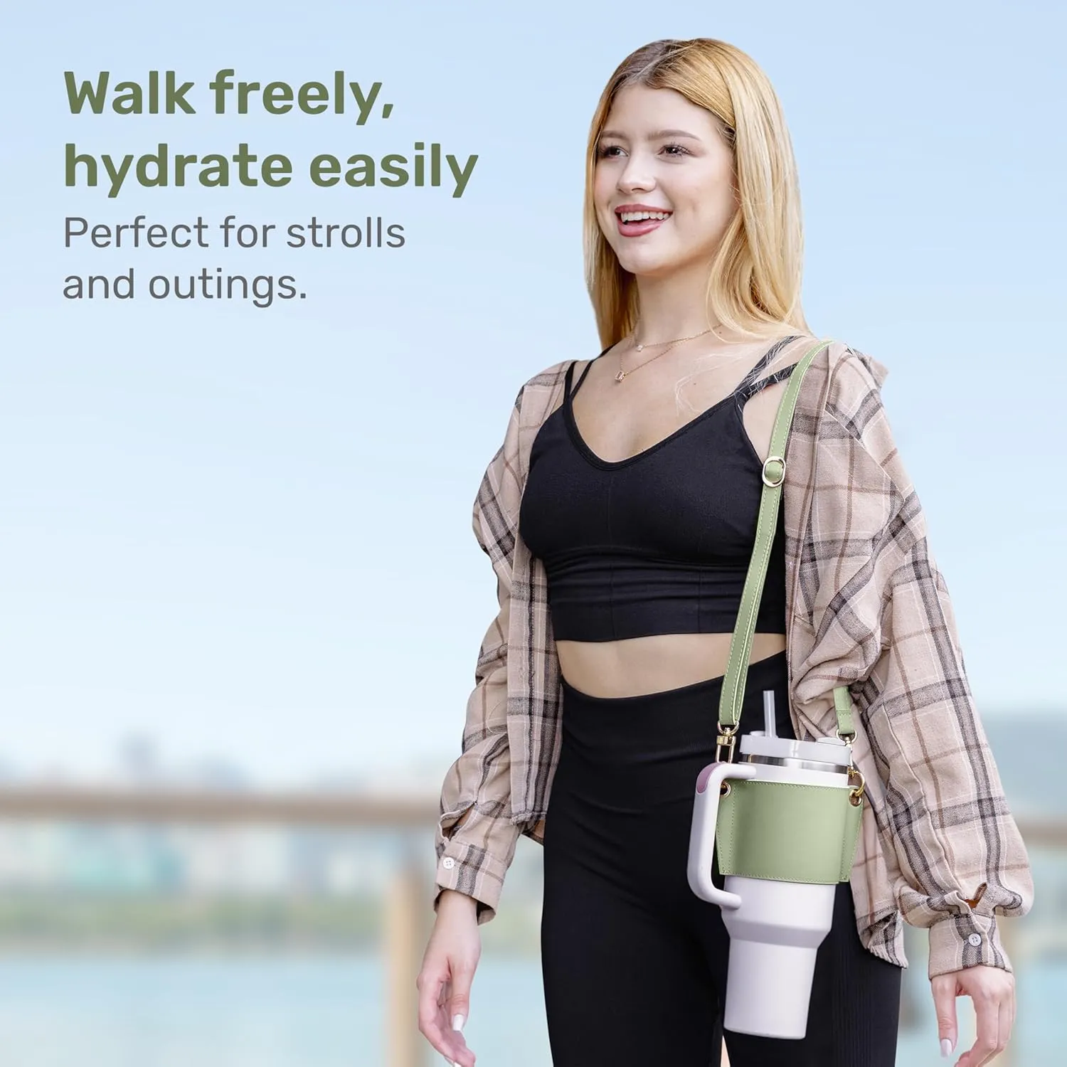 Tumbler Tote™ Water Bottle Holder - Leather Carrier Strap, Compatible with Stanley 40 oz & 30 oz Tumbler with Handle, Stanley Cup Accessories, Adjustable Strap, Credit Card Holder, Olive Green
