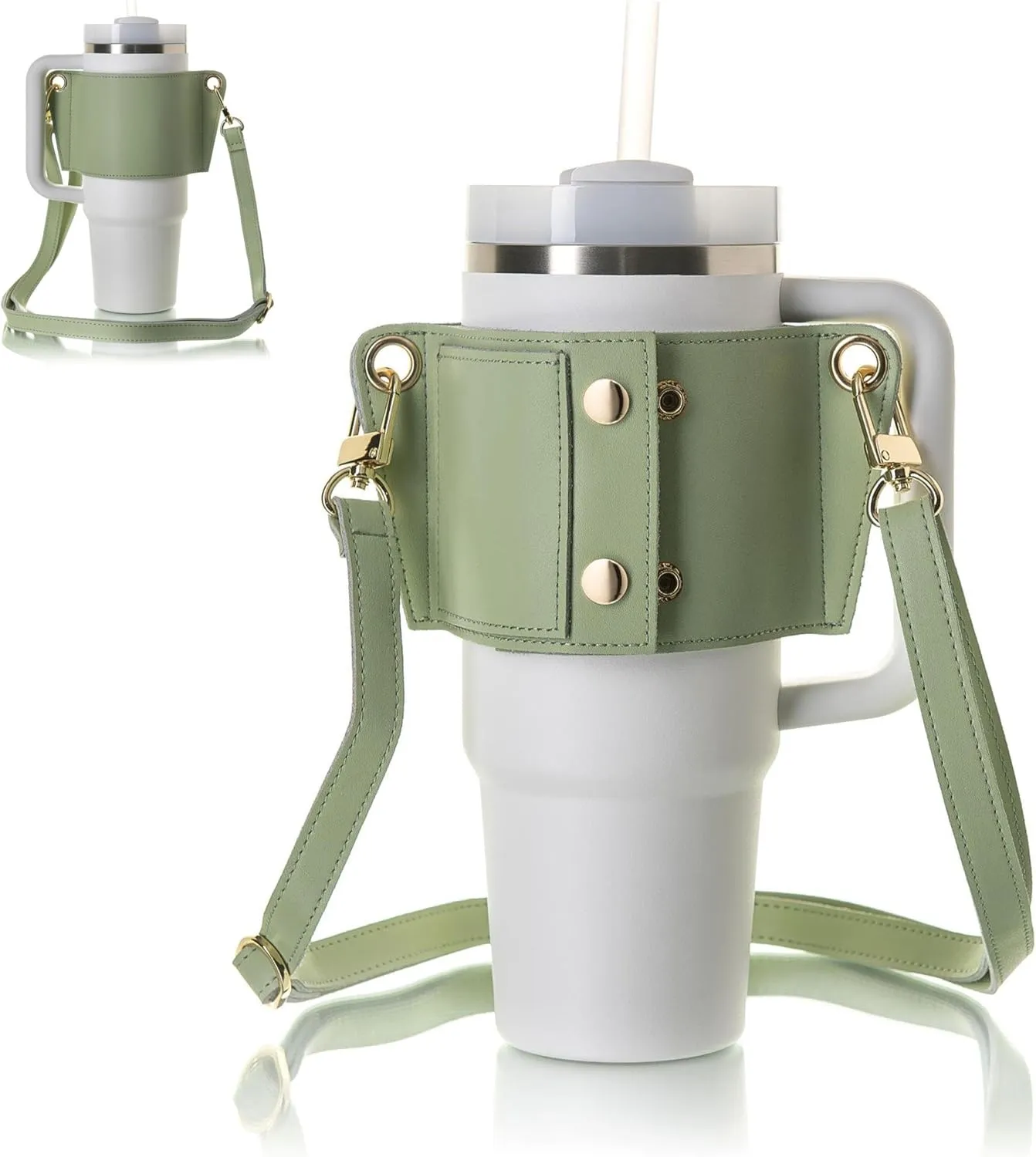 Tumbler Tote™ Water Bottle Holder - Leather Carrier Strap, Compatible with Stanley 40 oz & 30 oz Tumbler with Handle, Stanley Cup Accessories, Adjustable Strap, Credit Card Holder, Olive Green
