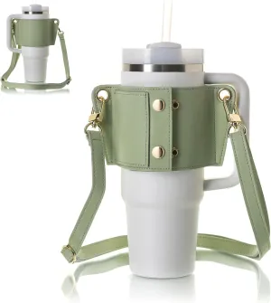 Tumbler Tote™ Water Bottle Holder - Leather Carrier Strap, Compatible with Stanley 40 oz & 30 oz Tumbler with Handle, Stanley Cup Accessories, Adjustable Strap, Credit Card Holder, Olive Green