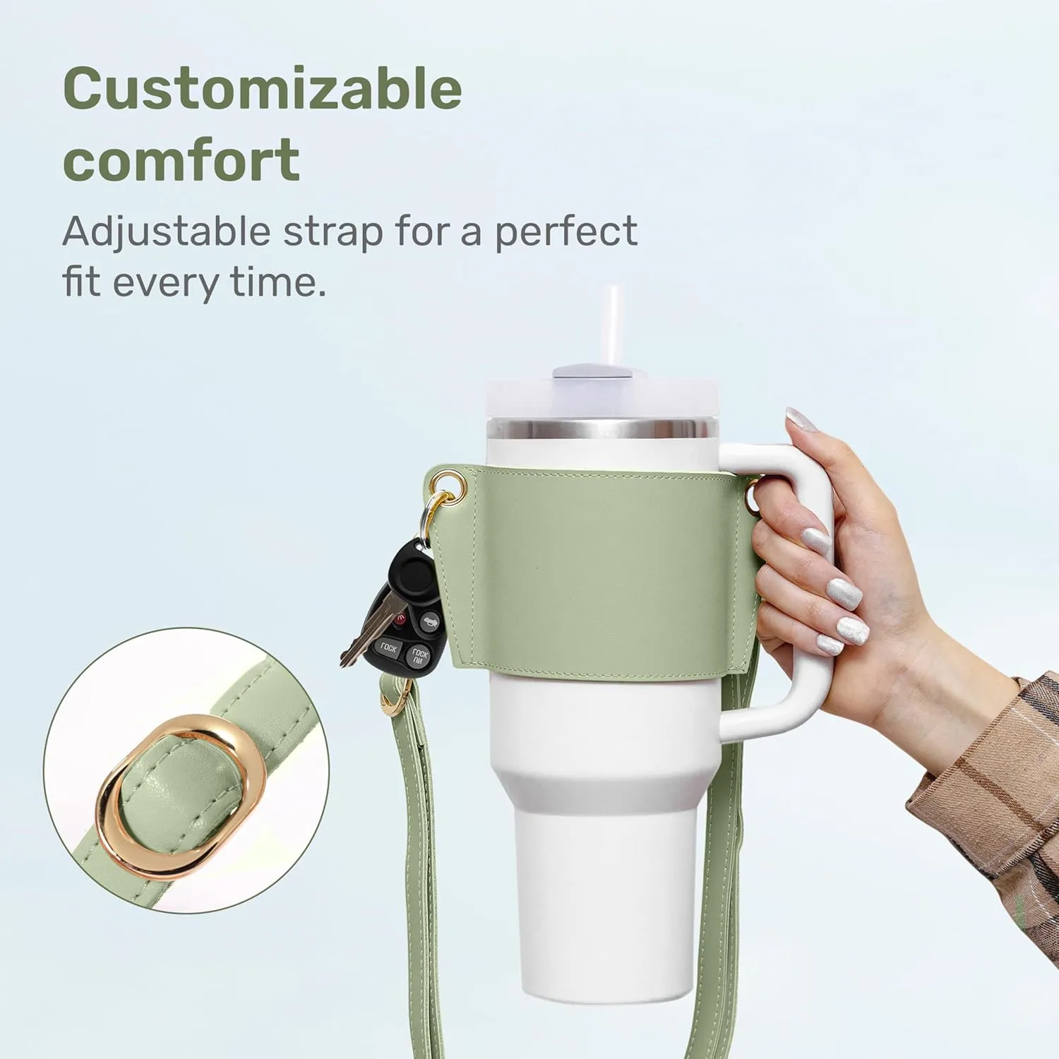Tumbler Tote™ Water Bottle Holder - Leather Carrier Strap, Compatible with Stanley 40 oz & 30 oz Tumbler with Handle, Stanley Cup Accessories, Adjustable Strap, Credit Card Holder, Olive Green