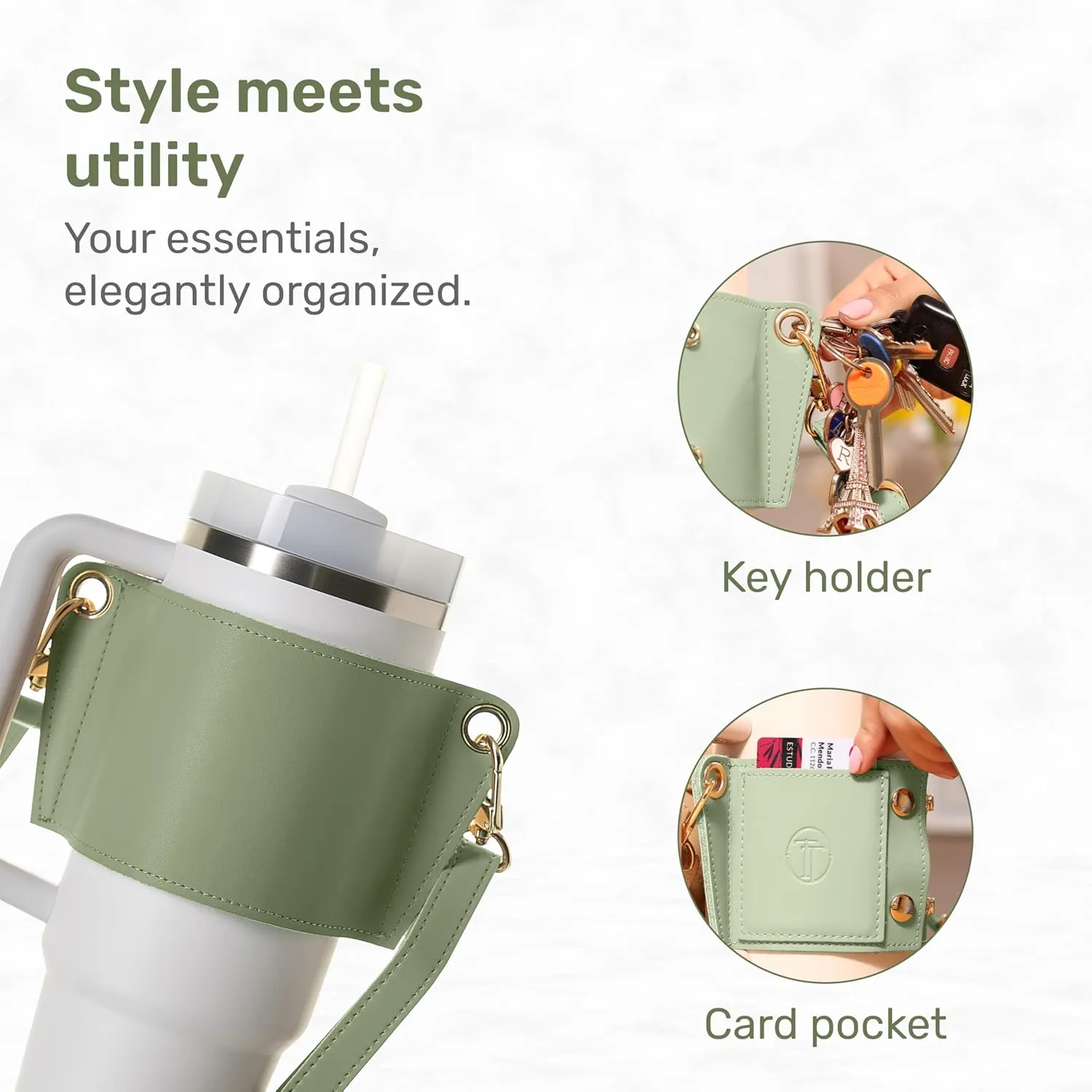 Tumbler Tote™ Water Bottle Holder - Leather Carrier Strap, Compatible with Stanley 40 oz & 30 oz Tumbler with Handle, Stanley Cup Accessories, Adjustable Strap, Credit Card Holder, Olive Green