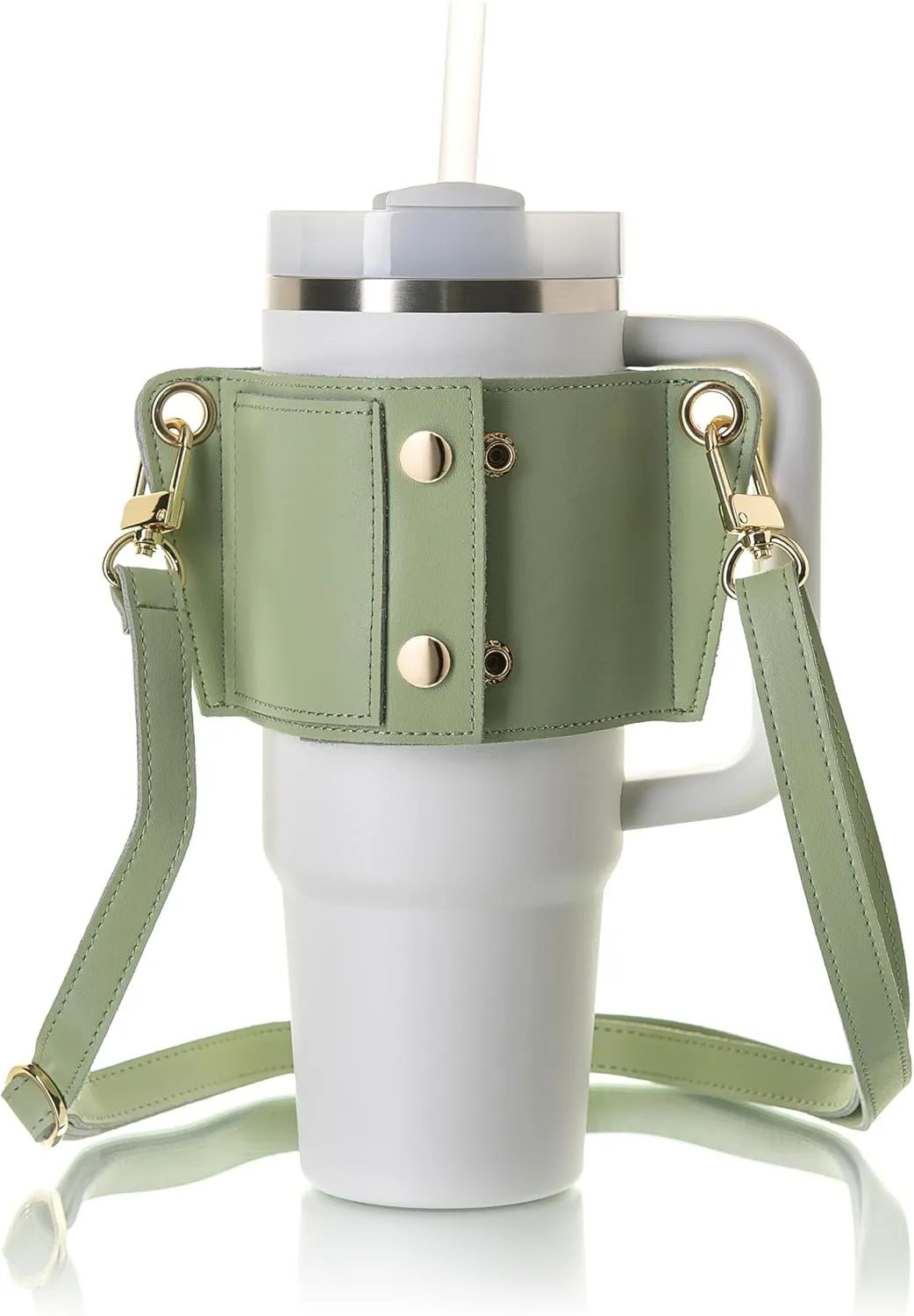 Tumbler Tote™ Water Bottle Holder - Leather Carrier Strap, Compatible with Stanley 40 oz & 30 oz Tumbler with Handle, Stanley Cup Accessories, Adjustable Strap, Credit Card Holder, Olive Green