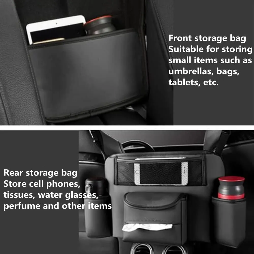 Tumecos Car Handbag Holder between Seats, Organizer for Center Armrest Box, Storage Bag Pocket Handbag Purse Holder for Storage Durable Leather Black