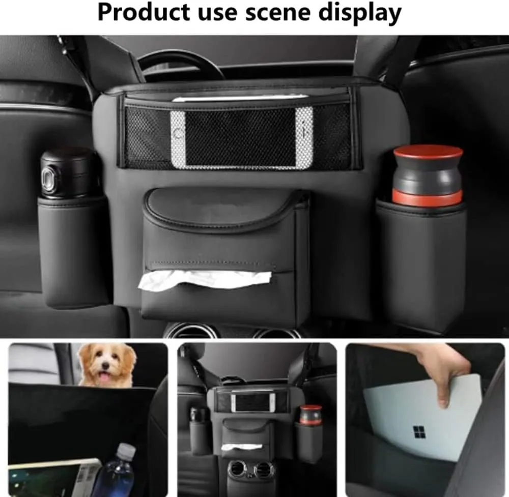 Tumecos Car Handbag Holder between Seats, Organizer for Center Armrest Box, Storage Bag Pocket Handbag Purse Holder for Storage Durable Leather Black