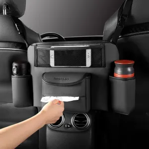 Tumecos Car Handbag Holder between Seats, Organizer for Center Armrest Box, Storage Bag Pocket Handbag Purse Holder for Storage Durable Leather Black