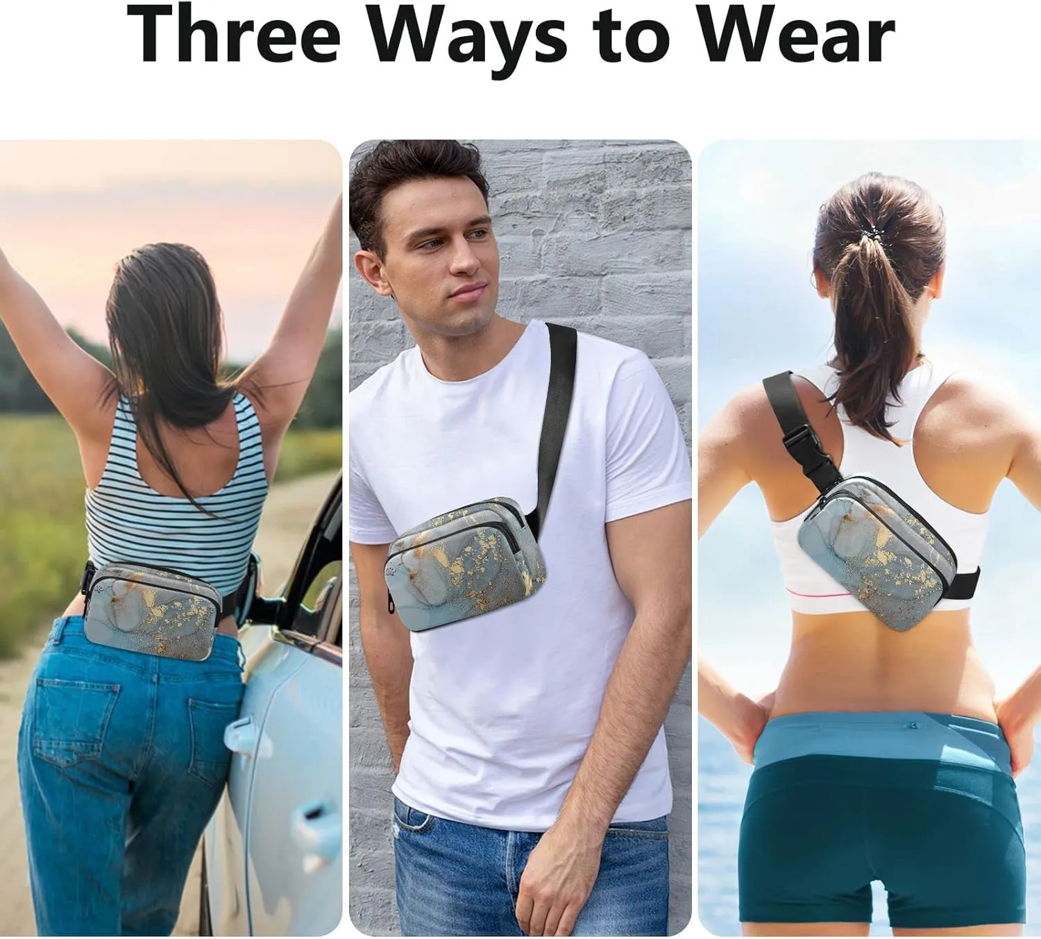 Turquoise Blue Marble with Gold Smudges and Stains Golden Pigment Adjustable Belt Running Bag, Crossbody Fanny Pack Waist Runners Bag Tote for Women Men Sports Hiking Fitness Exercise Gym Pouch