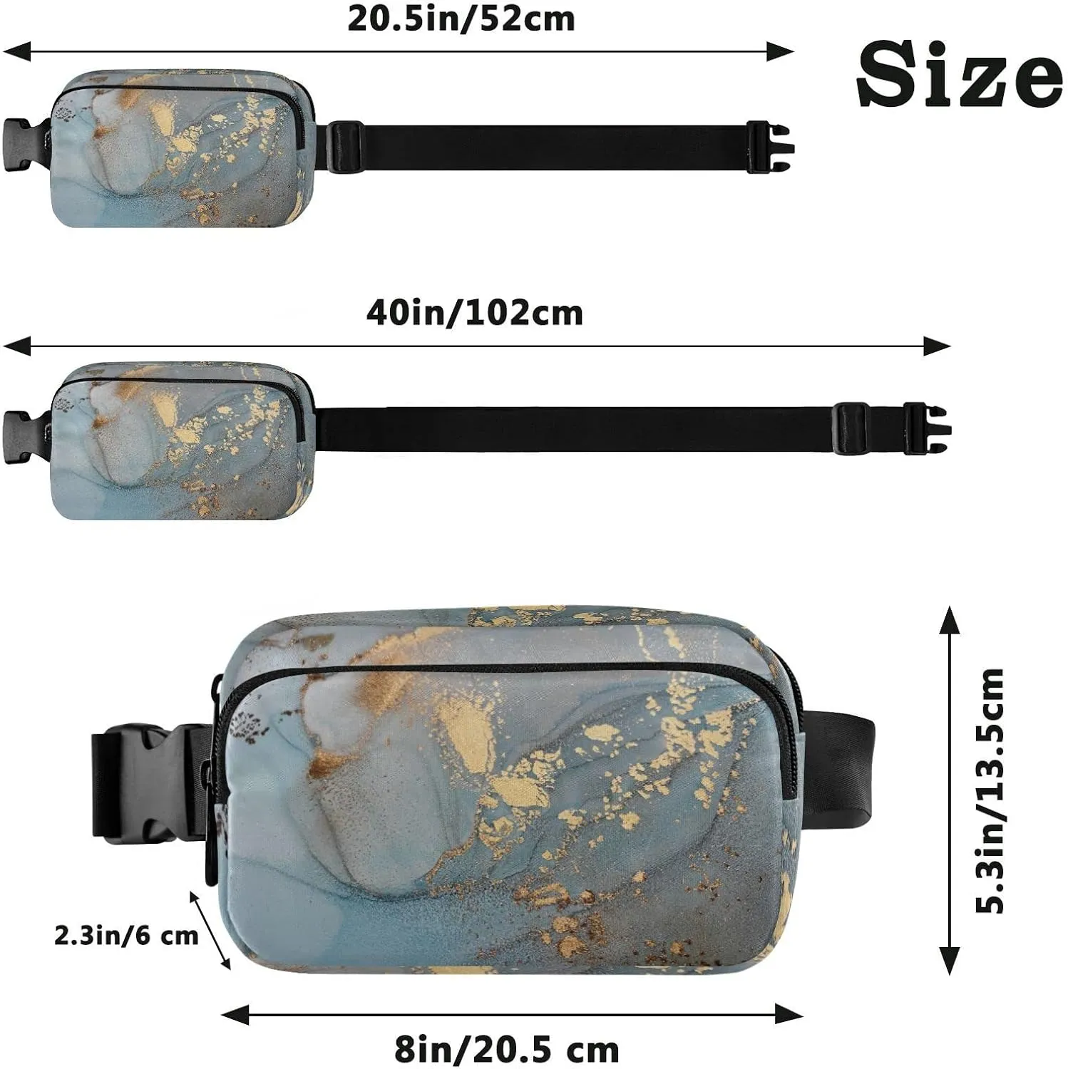 Turquoise Blue Marble with Gold Smudges and Stains Golden Pigment Adjustable Belt Running Bag, Crossbody Fanny Pack Waist Runners Bag Tote for Women Men Sports Hiking Fitness Exercise Gym Pouch