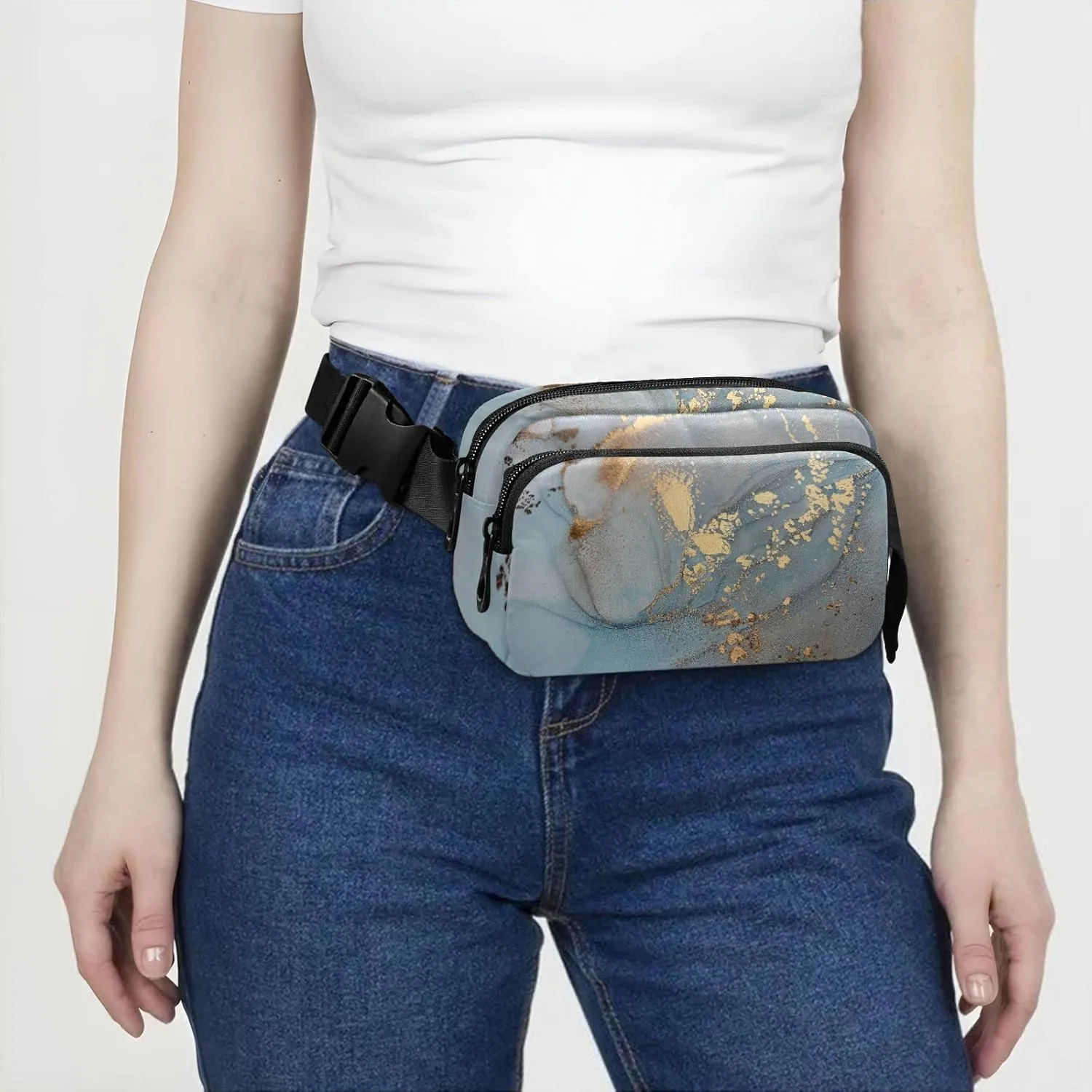 Turquoise Blue Marble with Gold Smudges and Stains Golden Pigment Adjustable Belt Running Bag, Crossbody Fanny Pack Waist Runners Bag Tote for Women Men Sports Hiking Fitness Exercise Gym Pouch