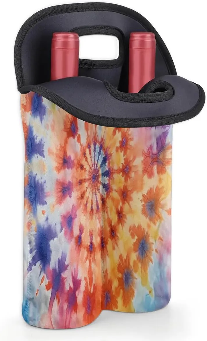 Two Bottle Wine Bag Colorful Tie Dyeing Portable Wine Tote Bag Neoprene Wine Carrier Tote Bags for Travel Party Picnic Restaurant Wine Tasting