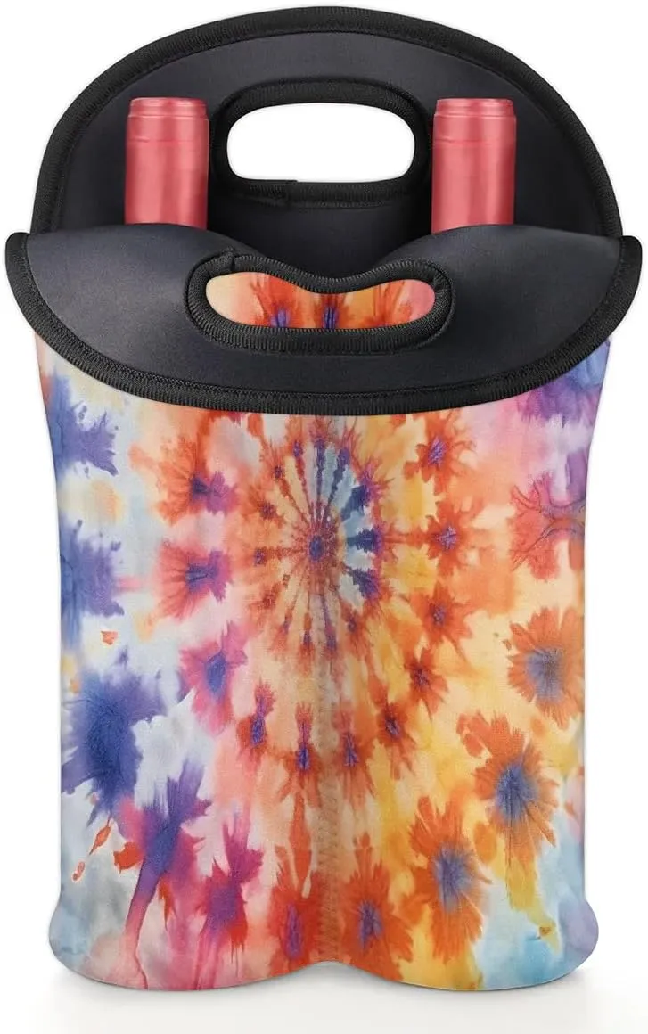 Two Bottle Wine Bag Colorful Tie Dyeing Portable Wine Tote Bag Neoprene Wine Carrier Tote Bags for Travel Party Picnic Restaurant Wine Tasting