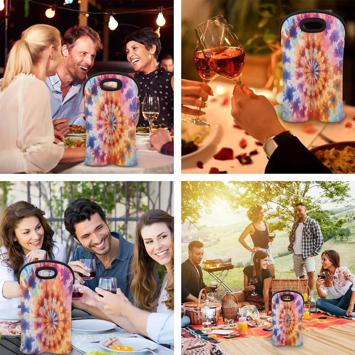 Two Bottle Wine Bag Colorful Tie Dyeing Portable Wine Tote Bag Neoprene Wine Carrier Tote Bags for Travel Party Picnic Restaurant Wine Tasting